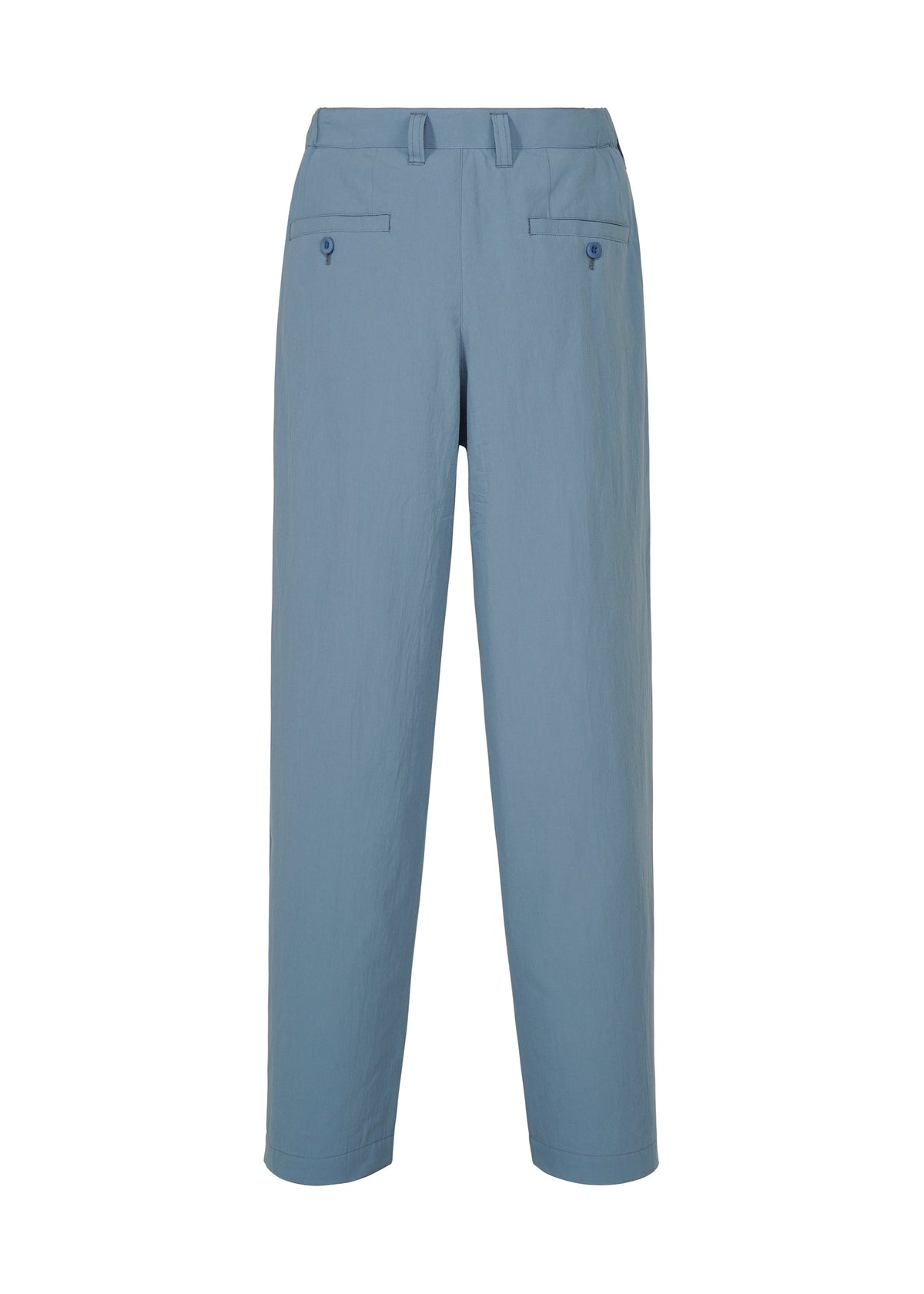 IM MEN’s COMFORT COTTON pants in light blue are shown from the back, crafted from high-twist organic cotton for a smooth feel. They feature belt loops, two back pockets with button closures, and a straight-leg fit. view 3 of 8
