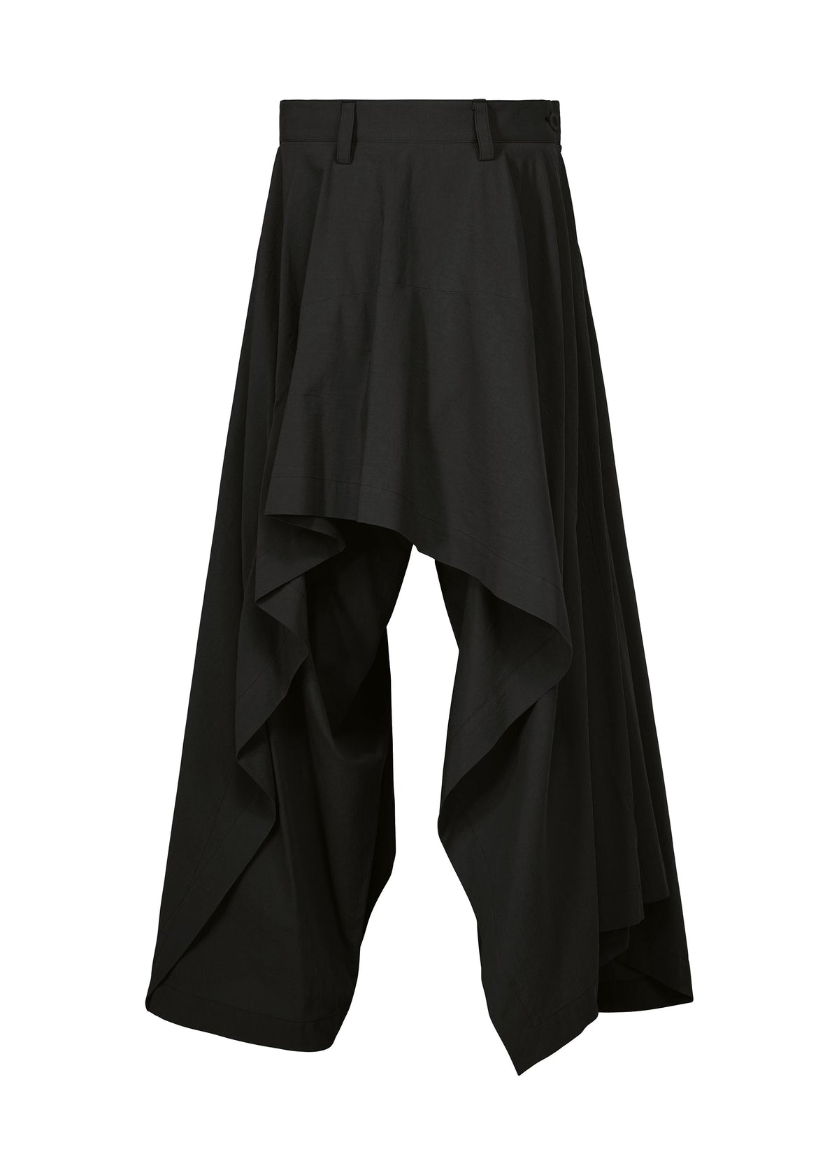 Introducing the COMFORT COTTON pants from IM MEN: Black wide-leg pants featuring an asymmetric silhouette and draped construction for a skirt-like, layered look. Made from high-twist organic cotton, these uniquely cut trousers offer belt loops and a flattering high waist. view 1 of 8