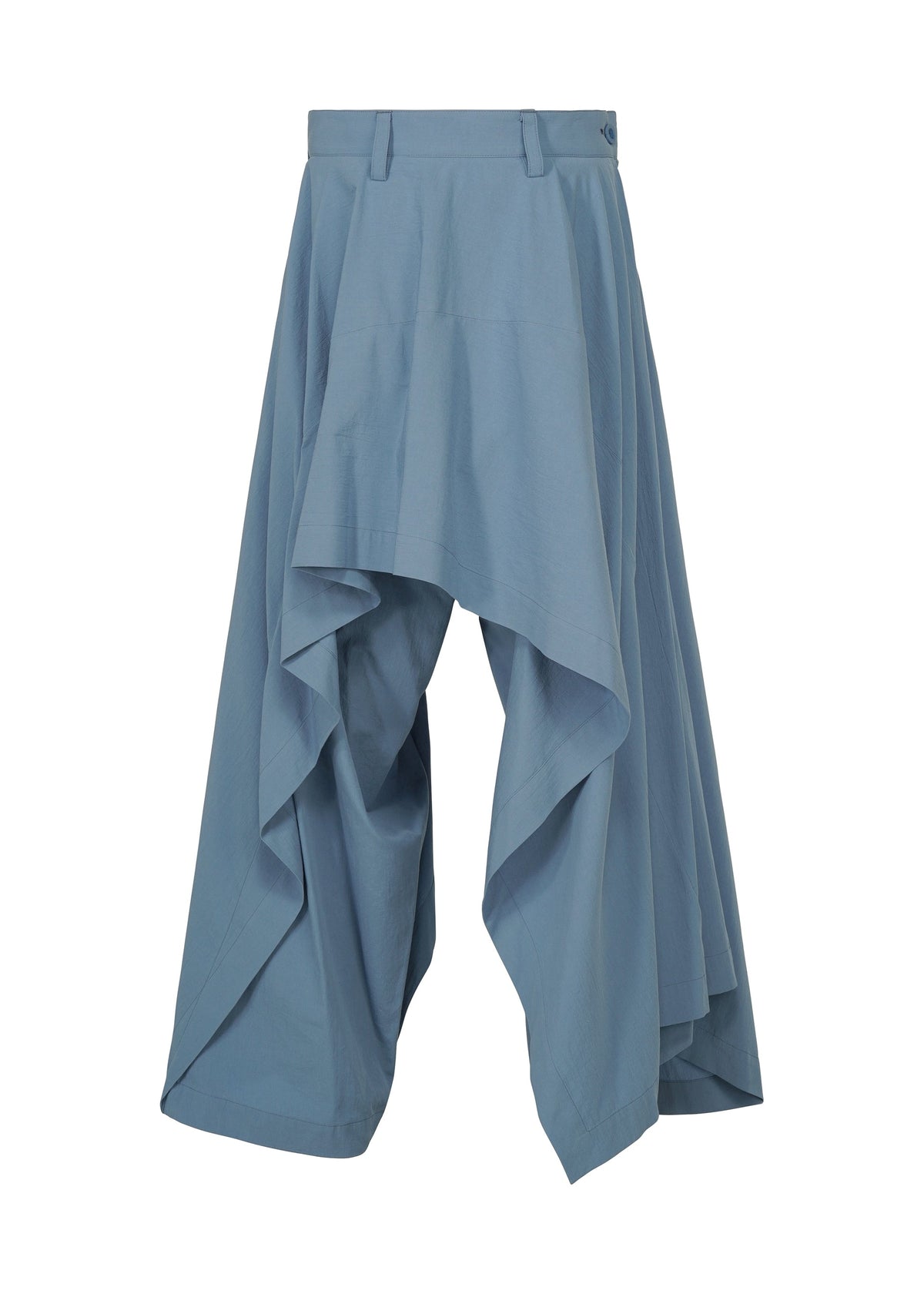 Introducing the COMFORT COTTON pants by IM MEN: light blue wide-leg trousers crafted from high-twist organic cotton, featuring an asymmetrical layered skirt overlay for a draped, flowing silhouette. This avant-garde design artfully merges trousers and skirt into a unique asymmetric form. view 2 of 8