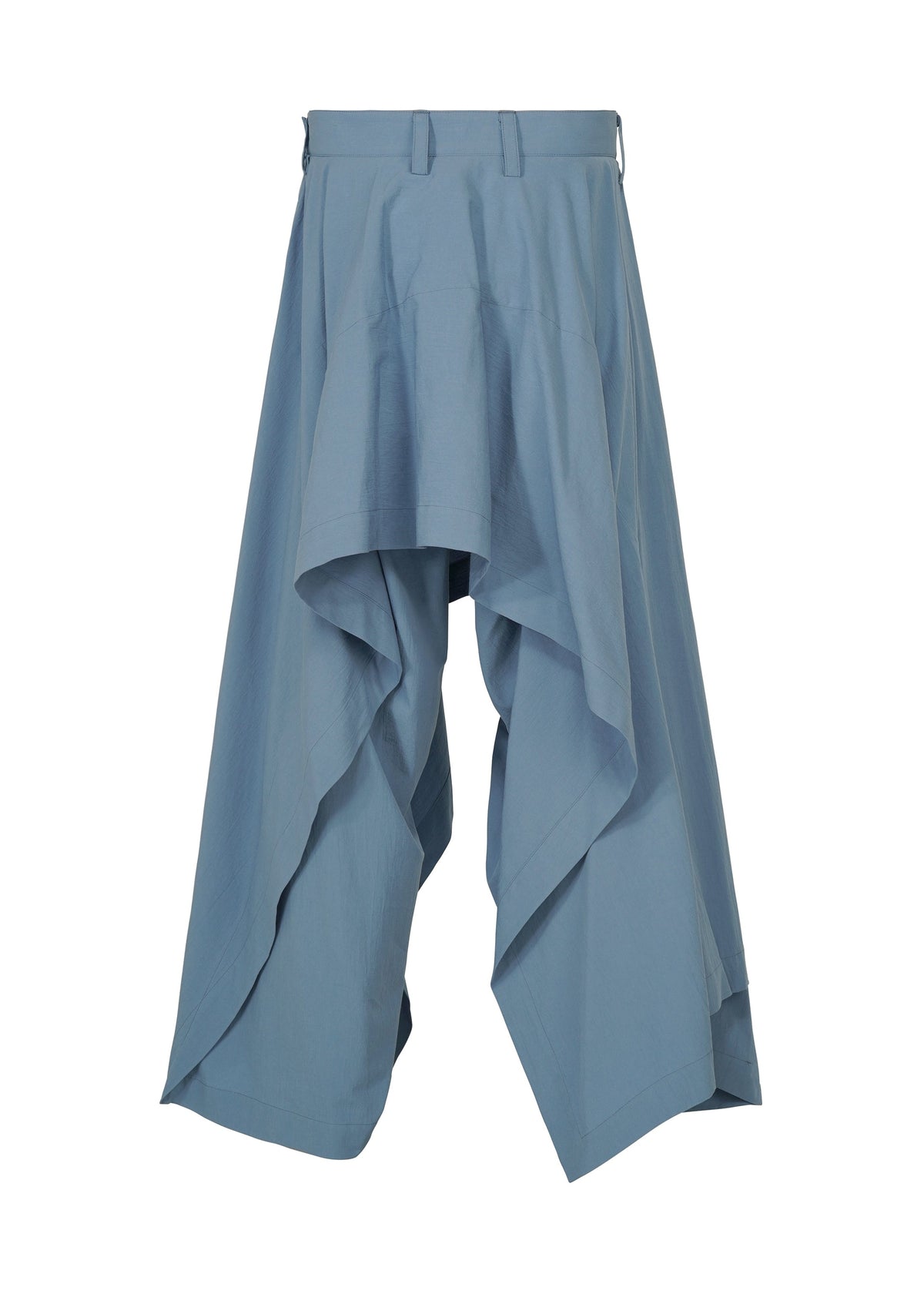 COMFORT COTTON by IM MEN features blue wide-leg pants in a high-twist organic cotton, showcasing a draped, layered silhouette with a high waist. Their distinctive asymmetric design creates irregular-cut hems for a skirt-meets-pants look. view 3 of 8