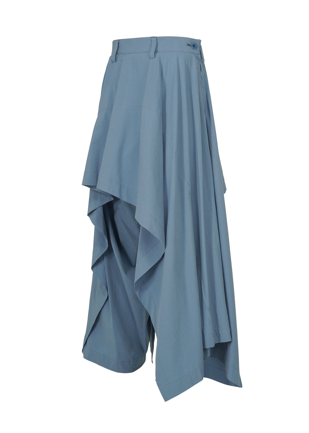 IM MEN’s COMFORT COTTON culottes in light blue feature a wide-leg silhouette and an asymmetrical, layered drape that creates the look of overlapping fabric panels cascading elegantly down the sides. view 4 of 8