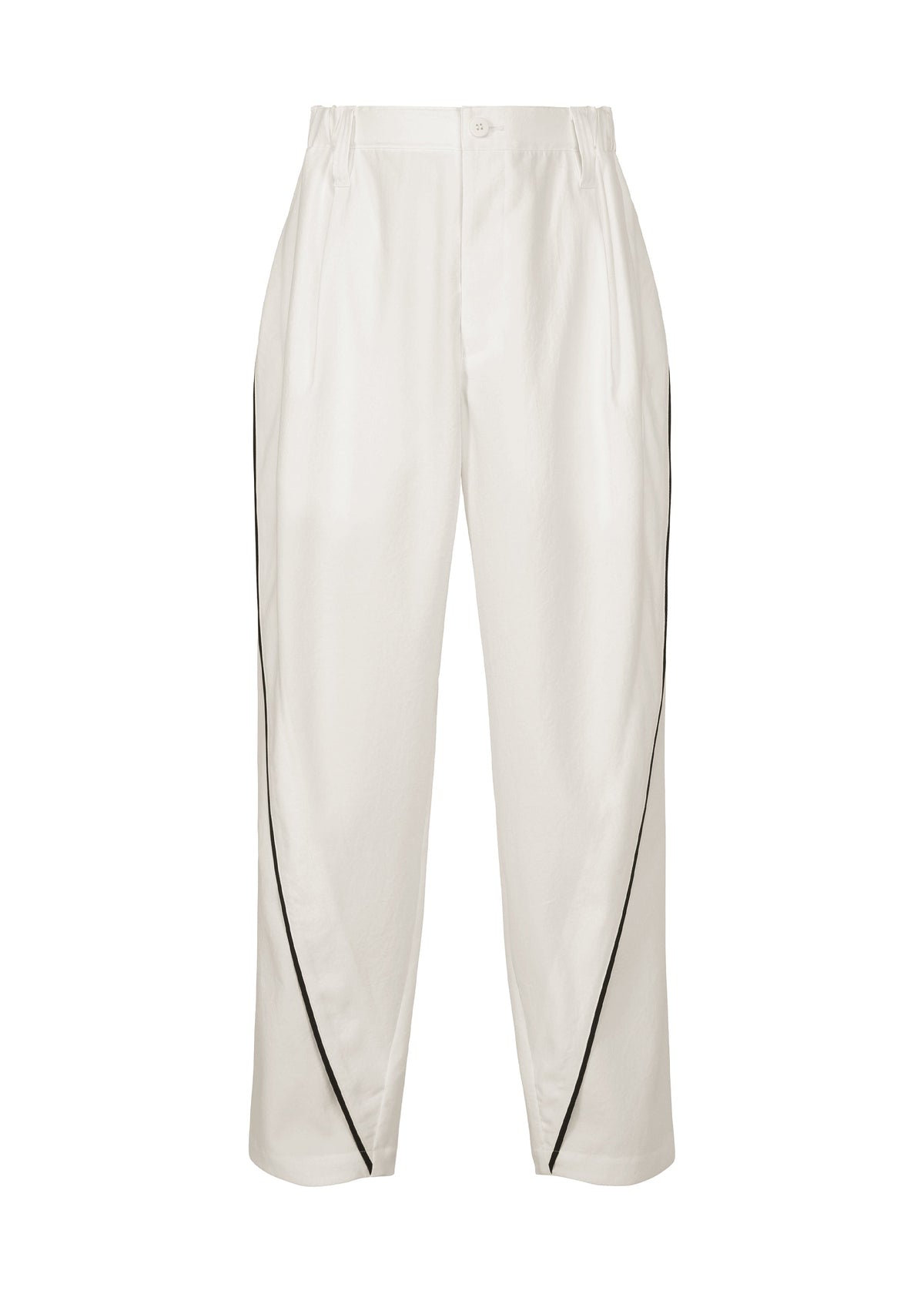 IM MEN's FLUENT pants are white, high-waisted, relaxed-fit polyester trousers with black curved side piping and a front button-zip closure. view 1 of 9
