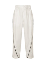 IM MEN's FLUENT pants are white, high-waisted, relaxed-fit polyester trousers with black curved side piping and a front button-zip closure. - WHITE （no.01）