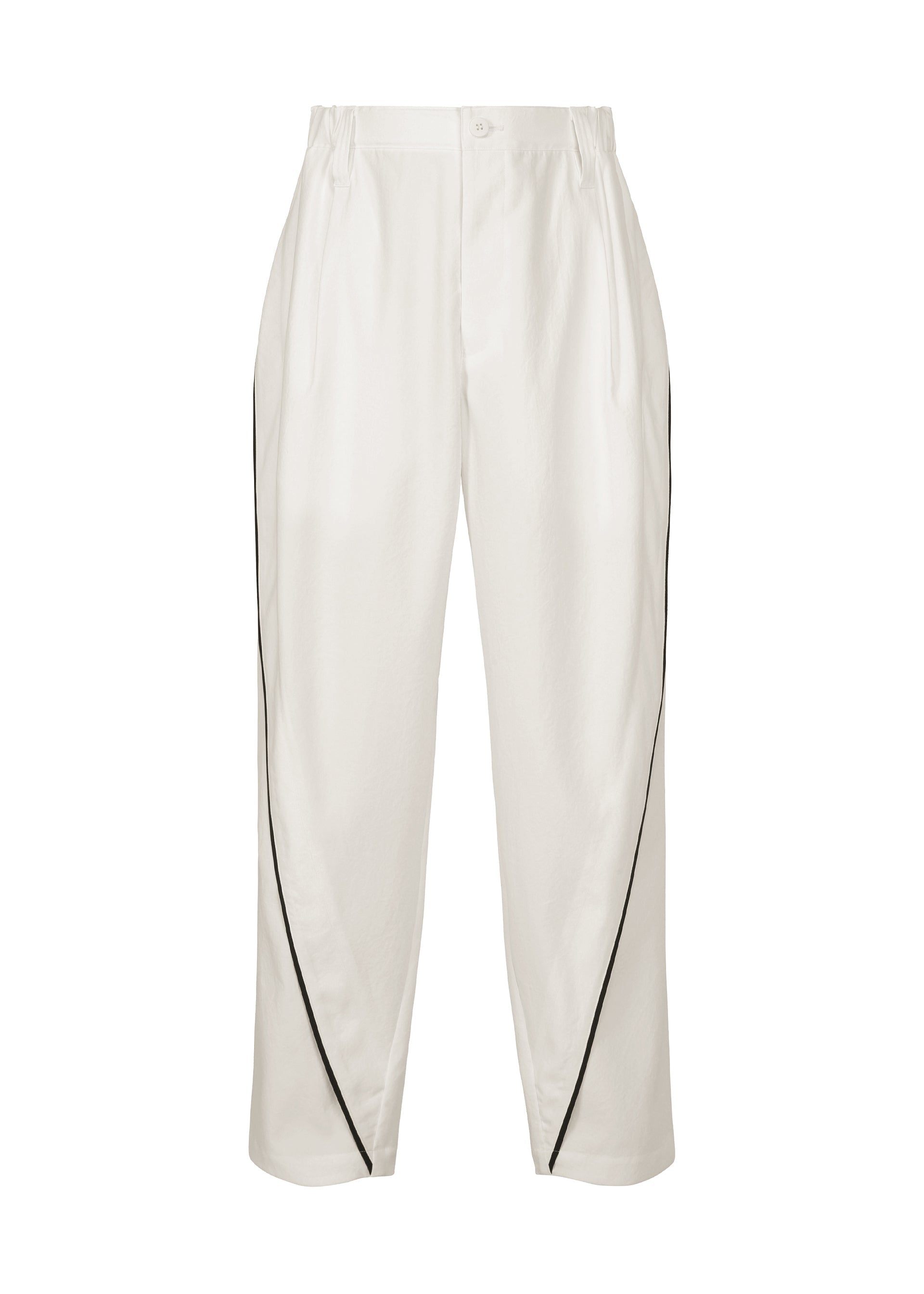 Zoomed view IM MEN's FLUENT pants are white, high-waisted, relaxed-fit polyester trousers with black curved side piping and a front button-zip closure. - WHITE （no.01）
