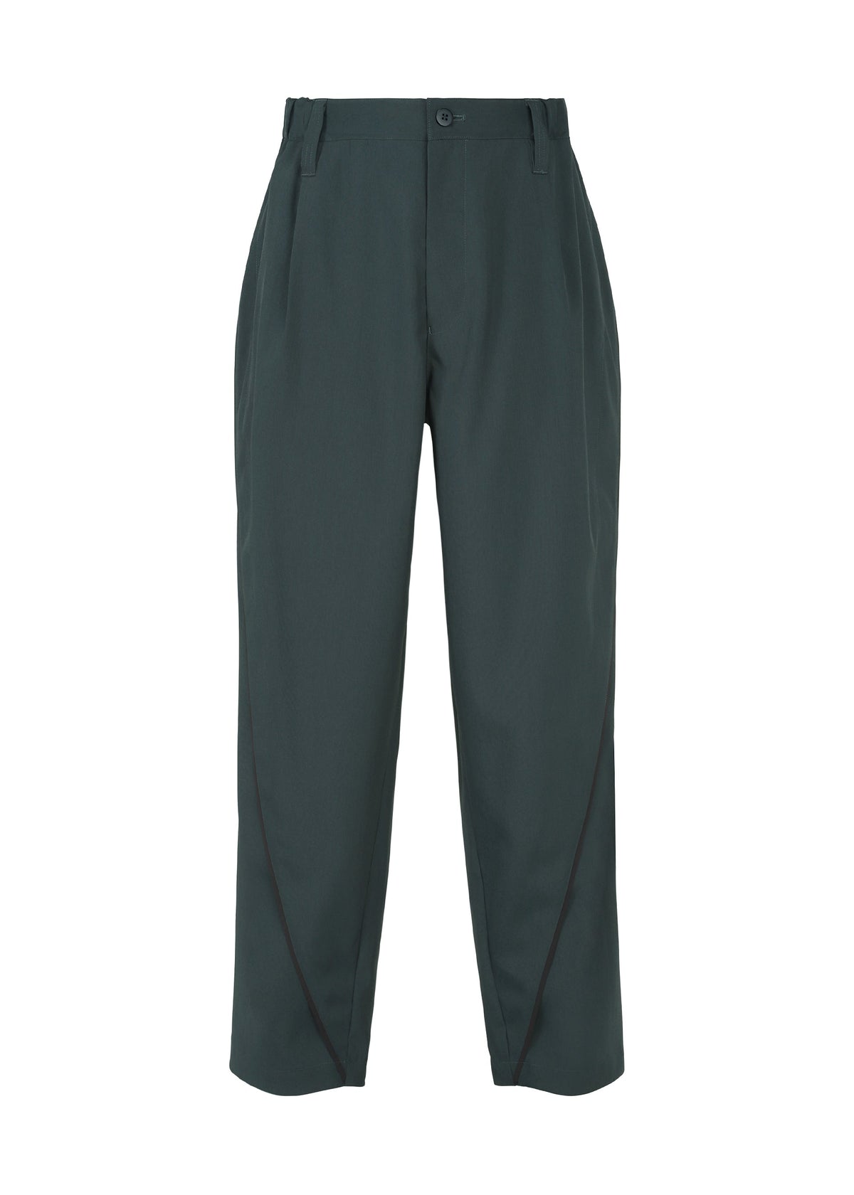 IM MEN’s FLUENT trousers feature a high waist, belt loops, front pleats, and curved seam details near the hem. These dark green, wrinkle-resistant straight-leg pants offer a button and zip closure for easy wear. view 3 of 9