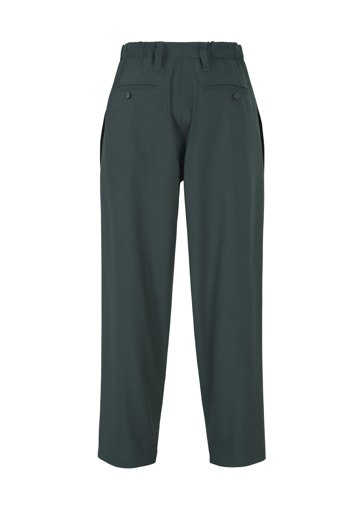 The IM MEN FLUENT pants in dark green feature a high waist, diagonal cut, belt loops, side and buttoned back pockets, and are made from breathable, wrinkle-resistant polyester. Shown against a white background. view 4 of 9