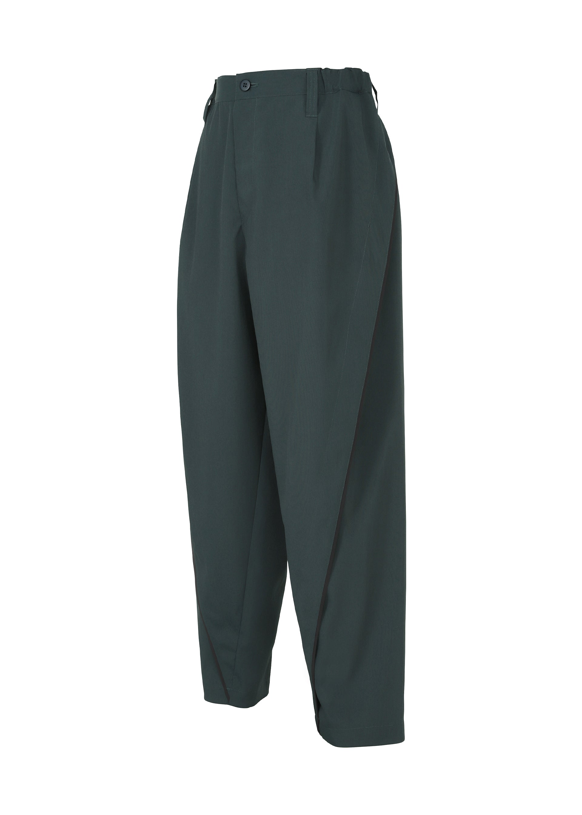 Zoomed view The FLUENT pants by IM MEN are dark green, high-waisted, wrinkle-resistant with pleats, side pockets, belt loops, and a relaxed tapered fit.