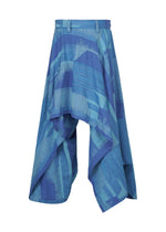 The KASURI skirt by IM MEN features an asymmetrical silhouette with blue abstract brushstroke patterns, draped panels, and a high-low hem inspired by traditional Kasuri weaving techniques. - BLUE （no.72）