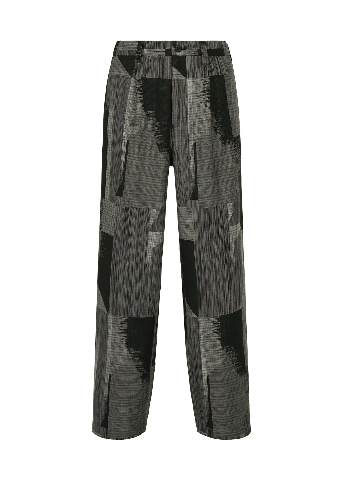 Introducing KASURI by IM MEN: lightweight, wide-leg pants with a high waist, featuring an abstract black, grey, and dark green geometric pattern inspired by traditional Kasuri weaving. Designed for a loose and comfortable fit. view 1 of 7