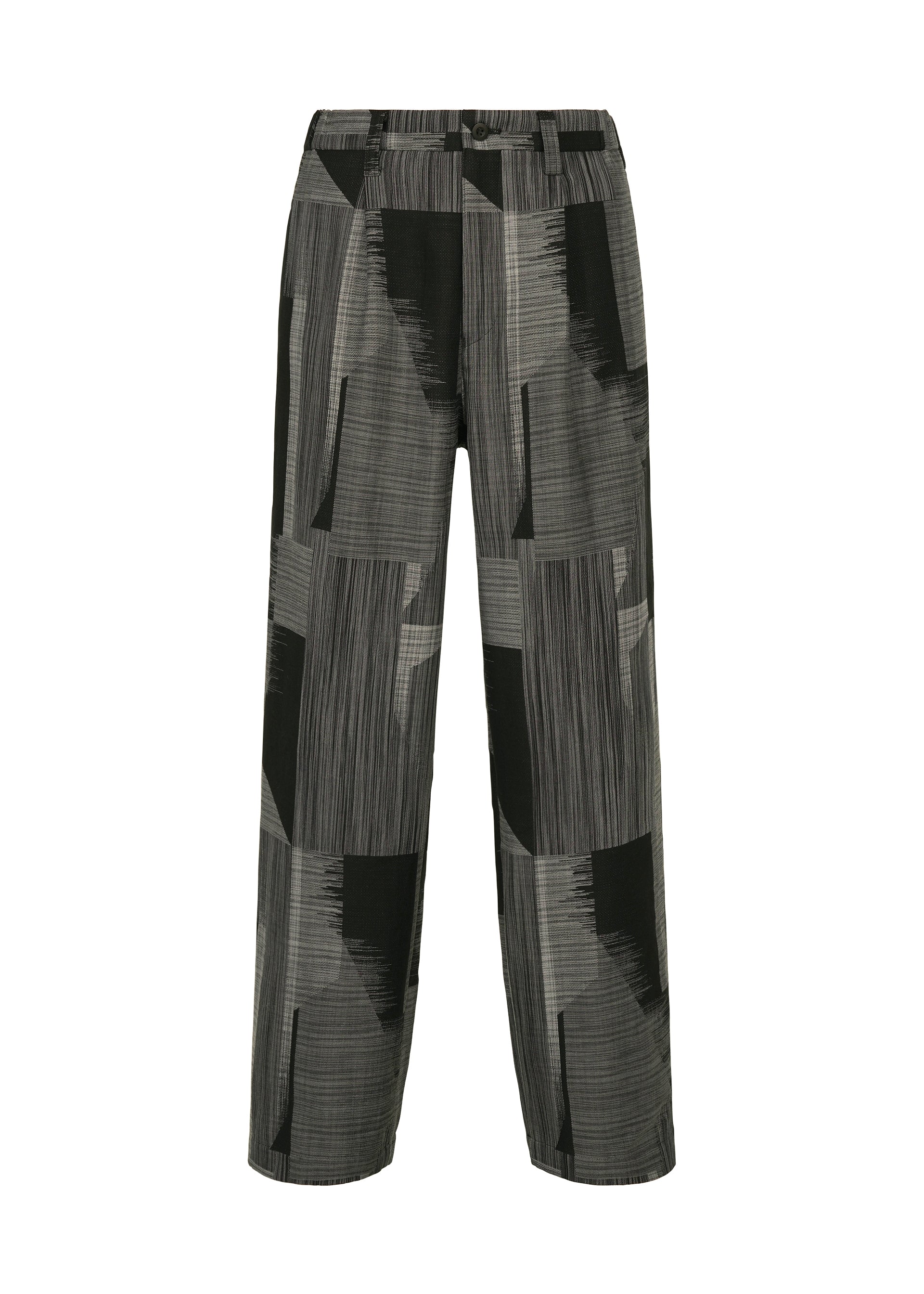 Zoomed view Introducing KASURI by IM MEN: lightweight, wide-leg pants with a high waist, featuring an abstract black, grey, and dark green geometric pattern inspired by traditional Kasuri weaving. Designed for a loose and comfortable fit. - BLACK （no.15）