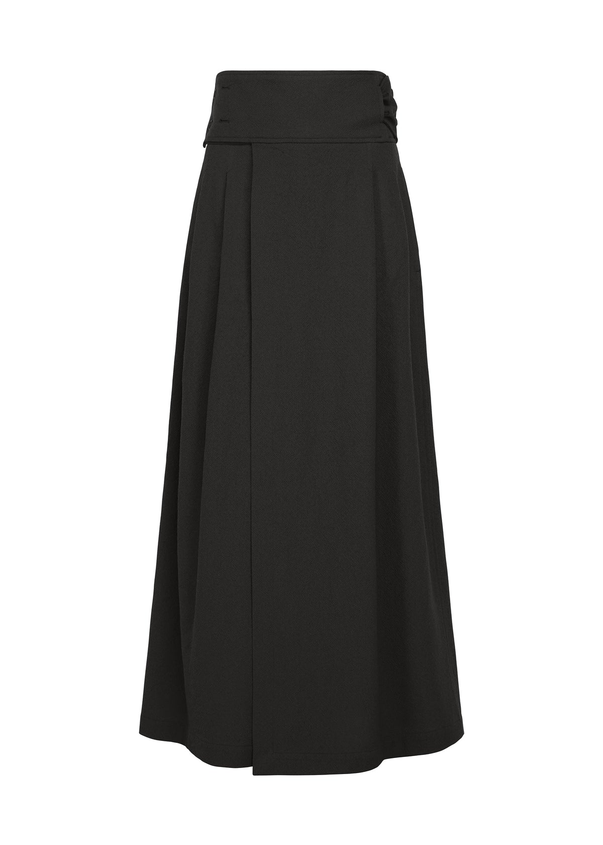 Zoomed view The SHRINK WOOL by IM MEN is a long, high-waisted black skirt in hard-twist wool with a wide waistband and slight flare, shown on a plain white background. - BLACK （no.15）