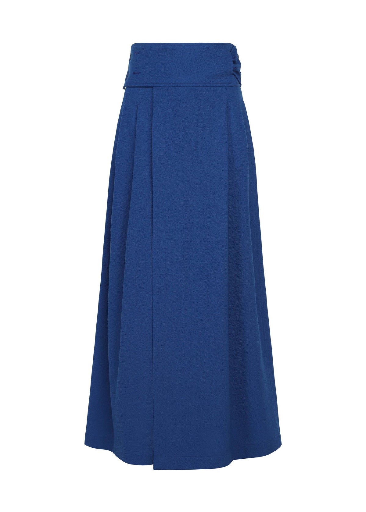 Zoomed view The SHRINK WOOL by IM MEN is a long, high-waisted royal blue A-line skirt in hard-twist wool with subtle pleats and a wide waistband, shown on a white background. - BLUE （no.72）