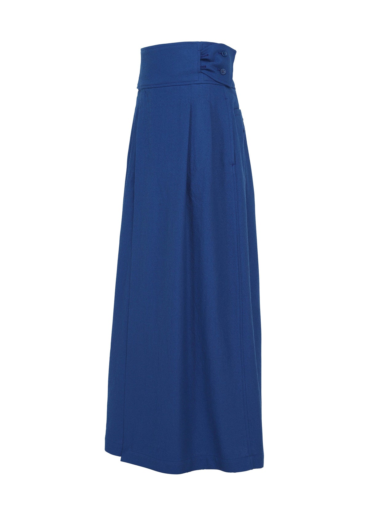 The IM MEN SHRINK WOOL is a high-waisted, floor-length royal blue skirt in hard-twist wool, with a wide side-button waistband and subtle pleats for volume. view 4 of 8