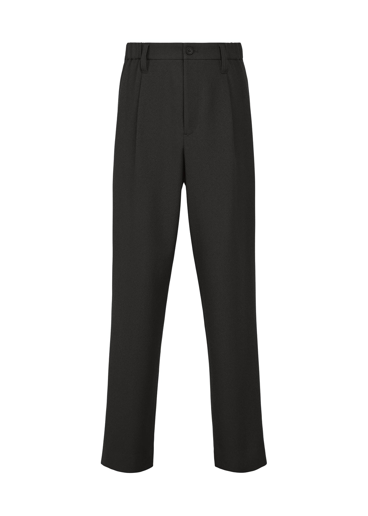 SHRINK WOOL by IM MEN: Hard-twist wool black pants with a straight-leg cut, belt loops, front pleats, side pockets, and button-zip closure shown on a white background. view 1 of 9