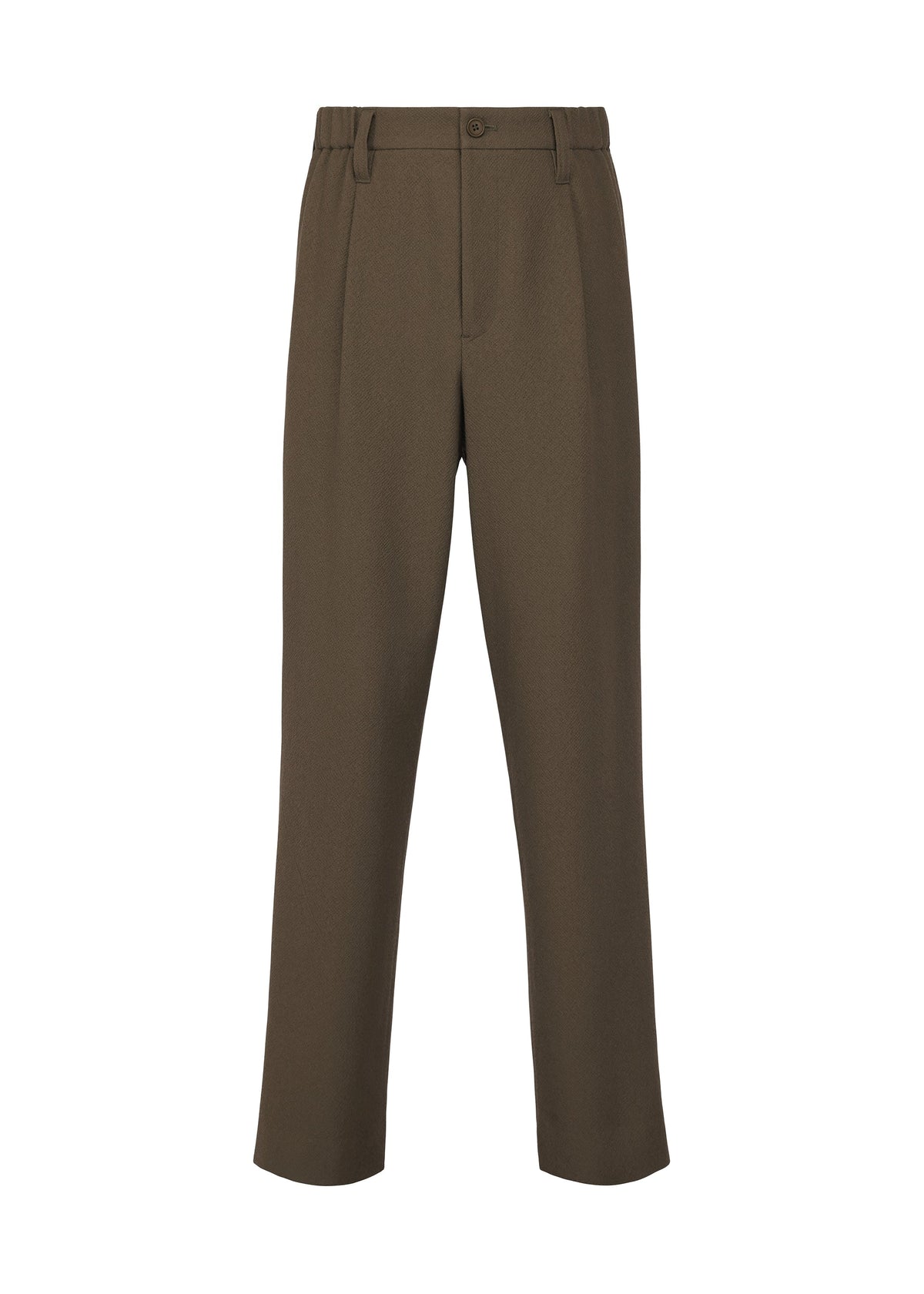 A pair of IM MEN SHRINK WOOL brown hard-twist wool straight-leg dress pants with button and zipper closure, belt loops, and side pockets, shown against a white background. view 2 of 9