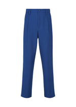 SHRINK WOOL by IM MEN: Bright blue tailored tapered pants in premium Bishu wool, featuring a straight-leg fit, front pleats, belt loops, and button closure, shown on a plain white background. - BLUE （no.72）