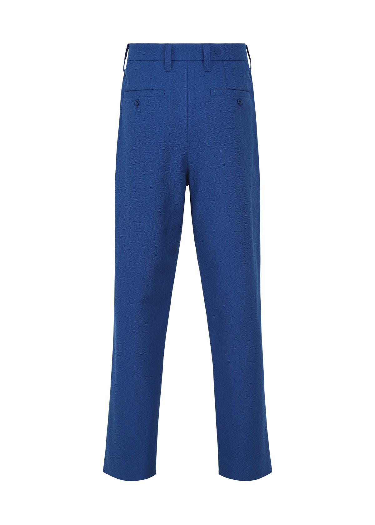 SHRINK WOOL blue dress pants by IM MEN shown from the back, crafted from hard-twist Bishu wool, feature belt loops, two buttoned back pockets, and a straight-leg cut. view 4 of 9