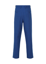 SHRINK WOOL blue dress pants by IM MEN shown from the back, crafted from hard-twist Bishu wool, feature belt loops, two buttoned back pockets, and a straight-leg cut.