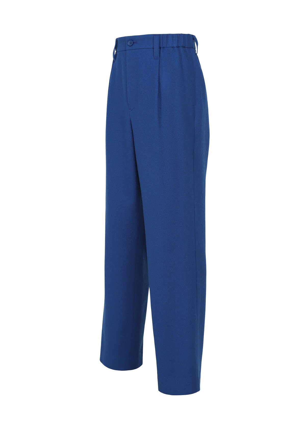 SHRINK WOOL by IM MEN: Blue hard-twist wool straight-leg pants with elastic back waistband, button and zipper closure, and side pockets. Shown on a white background at a three-quarter angle. view 5 of 9