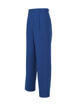 SHRINK WOOL by IM MEN: Blue hard-twist wool straight-leg pants with elastic back waistband, button and zipper closure, and side pockets. Shown on a white background at a three-quarter angle.