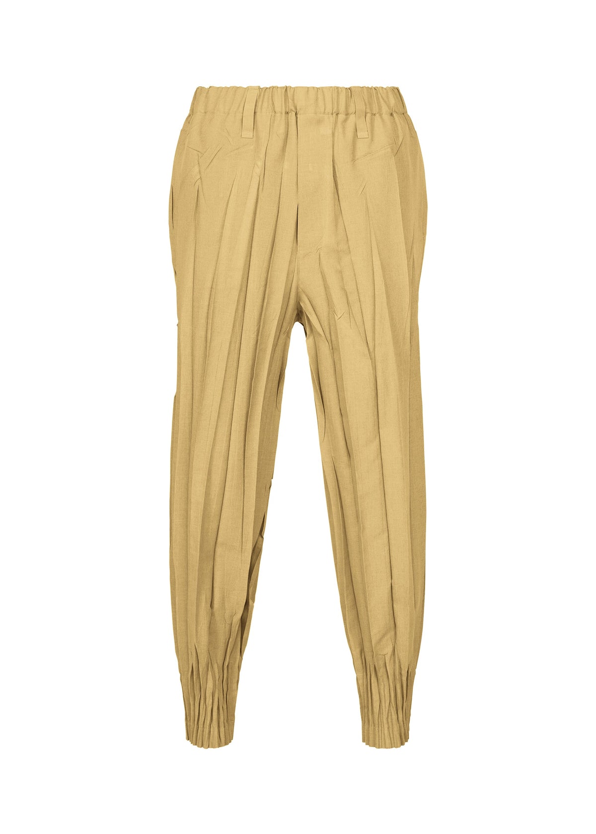 The EDGE pants by IM MEN are tan-colored and crafted from soft mélange polyester, featuring an elastic waistband, elasticized cuffs, and delicate hand-gathered pleated detailing. They are showcased against a plain white background. view 1 of 9