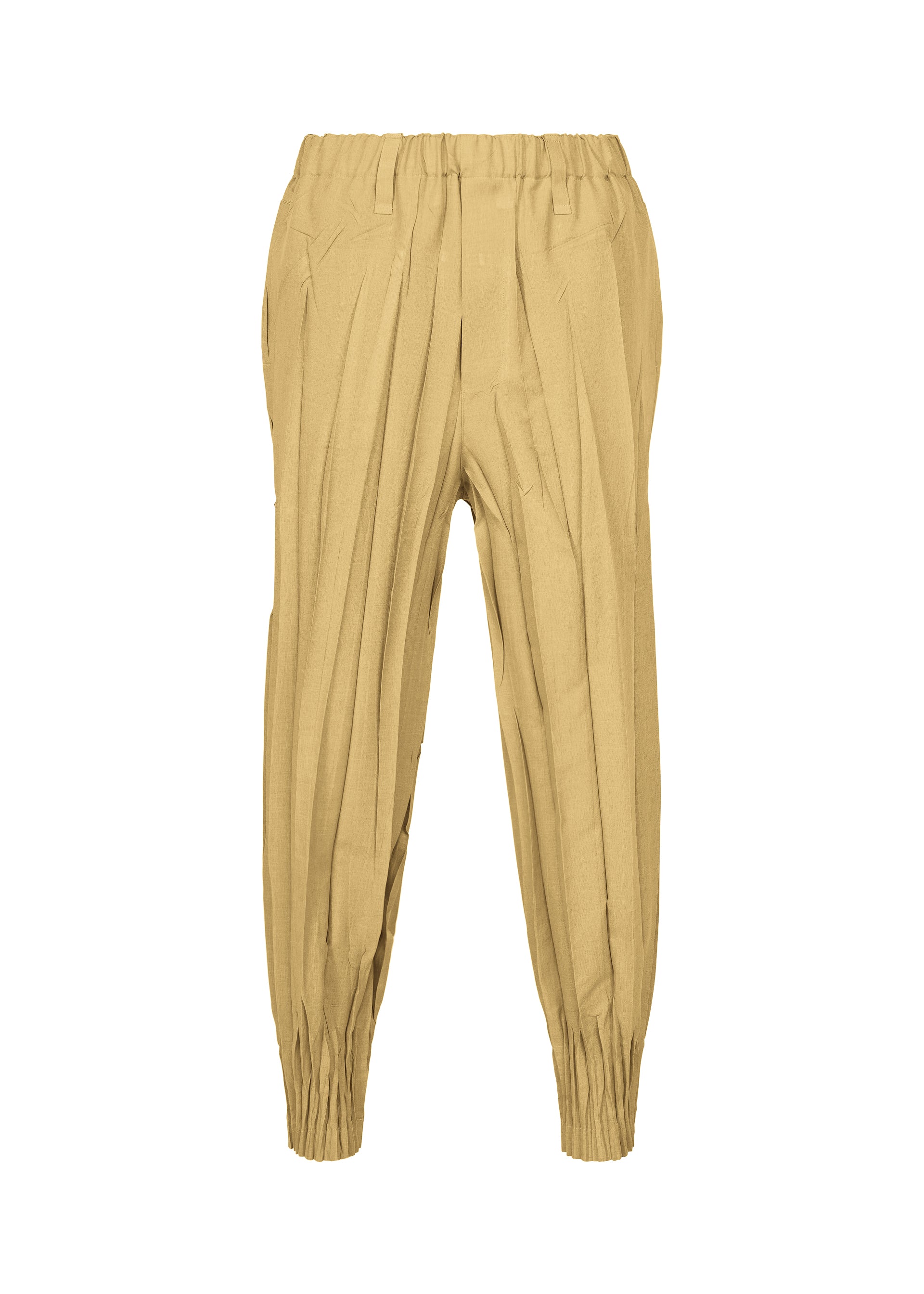 Zoomed view The EDGE pants by IM MEN are tan-colored and crafted from soft mélange polyester, featuring an elastic waistband, elasticized cuffs, and delicate hand-gathered pleated detailing. They are showcased against a plain white background. - BEIGE （no.41）