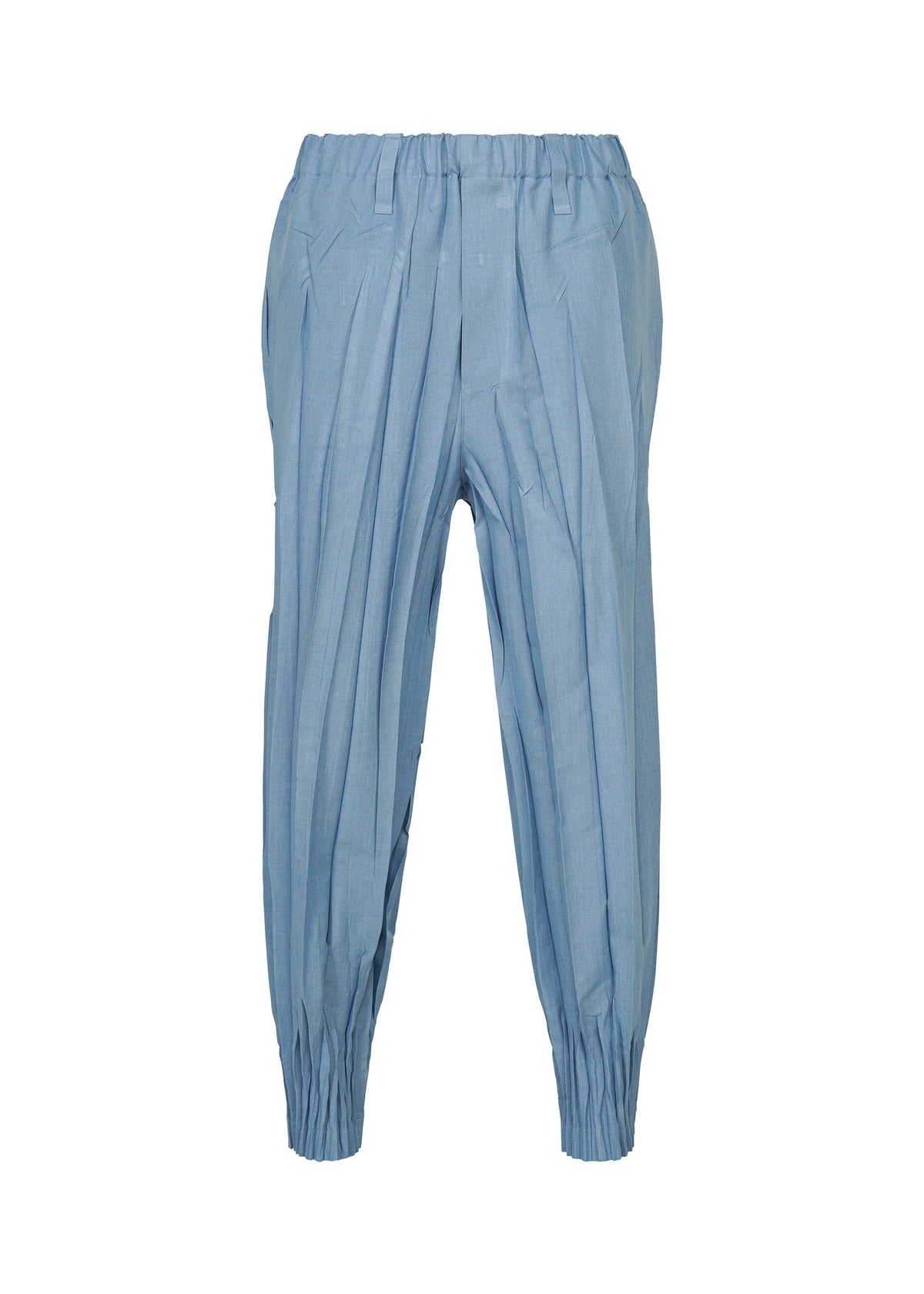 EDGE pants by IM MEN in light blue are crafted from mélange polyester, featuring hand-gathered detailing, an elastic waistband, and elasticized ankle cuffs. These relaxed-fit pants offer a loose silhouette and are showcased against a plain white background. view 2 of 9