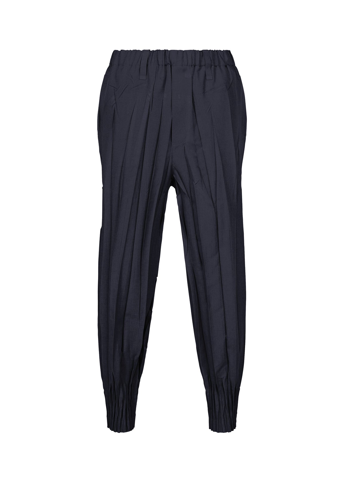 EDGE navy blue pleated pants by IM MEN, crafted from soft mélange polyester with an elastic waistband and hand-gathered elastic cuffs at the ankles, displayed on a white background. view 3 of 9