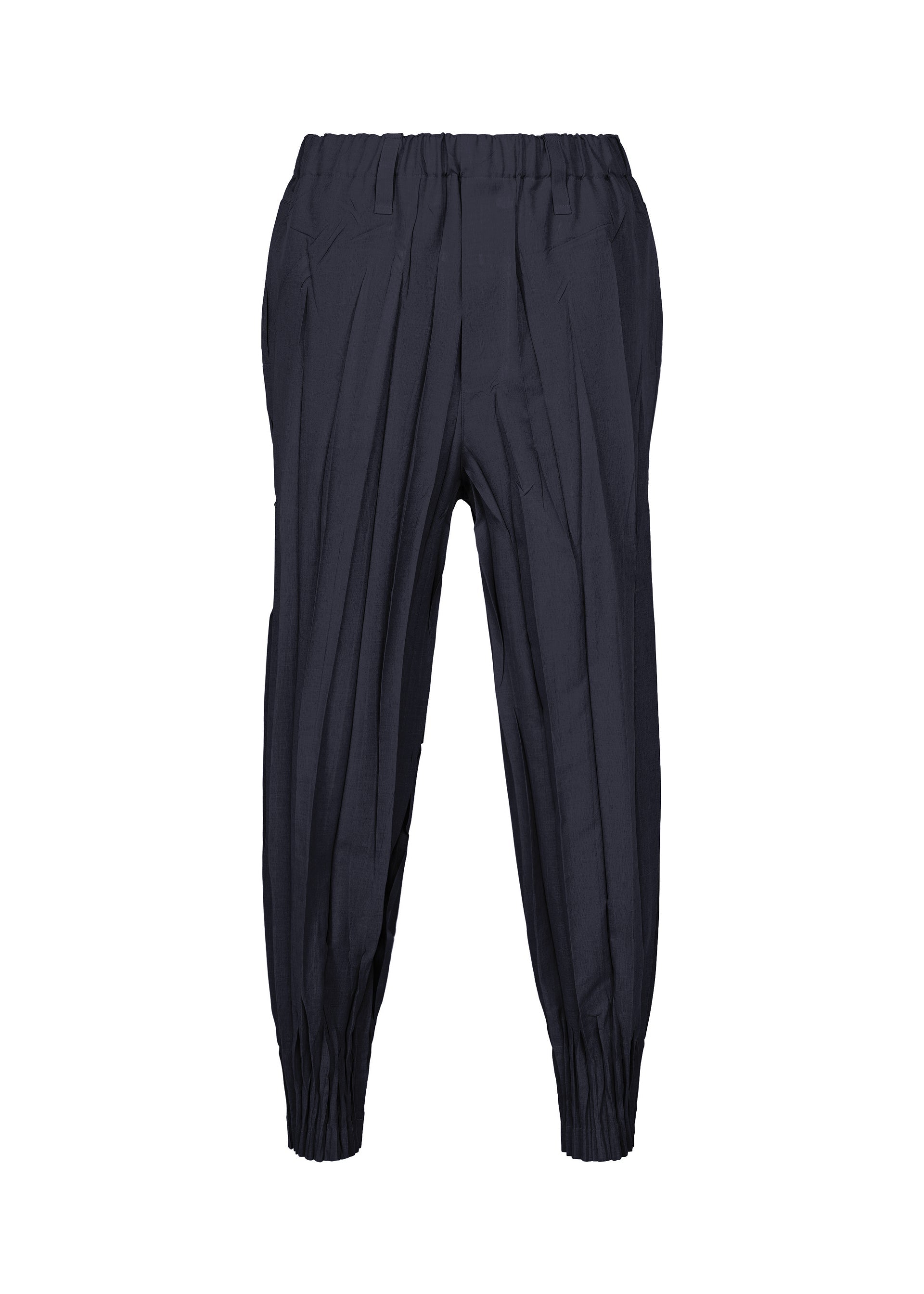 Zoomed view EDGE navy blue pleated pants by IM MEN, crafted from soft mélange polyester with an elastic waistband and hand-gathered elastic cuffs at the ankles, displayed on a white background. - NAVY （no.75）