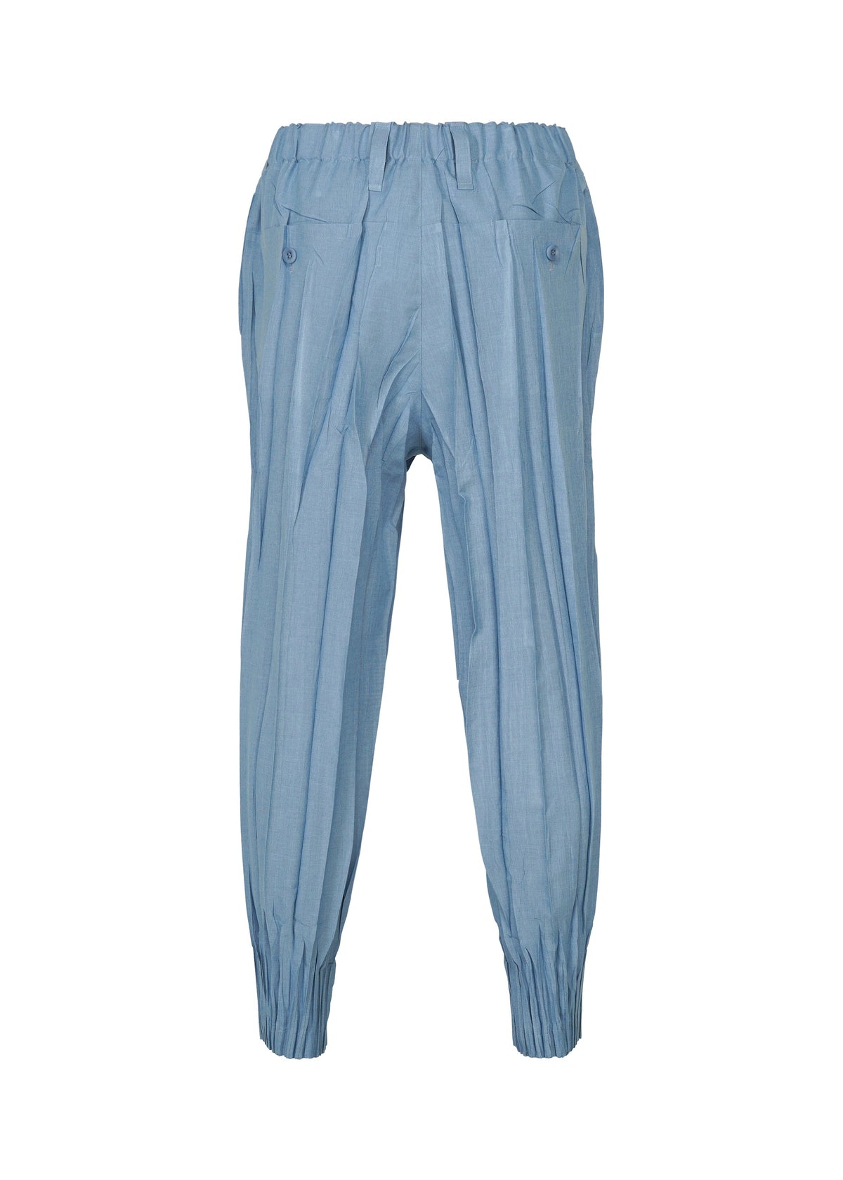 Introducing EDGE by IM MEN: These light blue pleated pants feature an elastic waistband and elastic cuffs at the ankles, with back pockets secured by button closures and vertical pleats accentuating the legs. Crafted from soft mélange polyester and hand-gathered for a refined look, these trousers are showcased on a plain white background. view 4 of 9