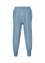 Introducing EDGE by IM MEN: These light blue pleated pants feature an elastic waistband and elastic cuffs at the ankles, with back pockets secured by button closures and vertical pleats accentuating the legs. Crafted from soft mélange polyester and hand-gathered for a refined look, these trousers are showcased on a plain white background.
