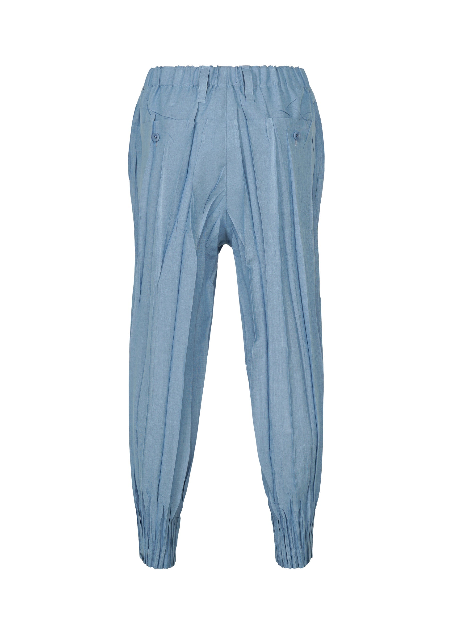 Zoomed view Introducing EDGE by IM MEN: These light blue pleated pants feature an elastic waistband and elastic cuffs at the ankles, with back pockets secured by button closures and vertical pleats accentuating the legs. Crafted from soft mélange polyester and hand-gathered for a refined look, these trousers are showcased on a plain white background.