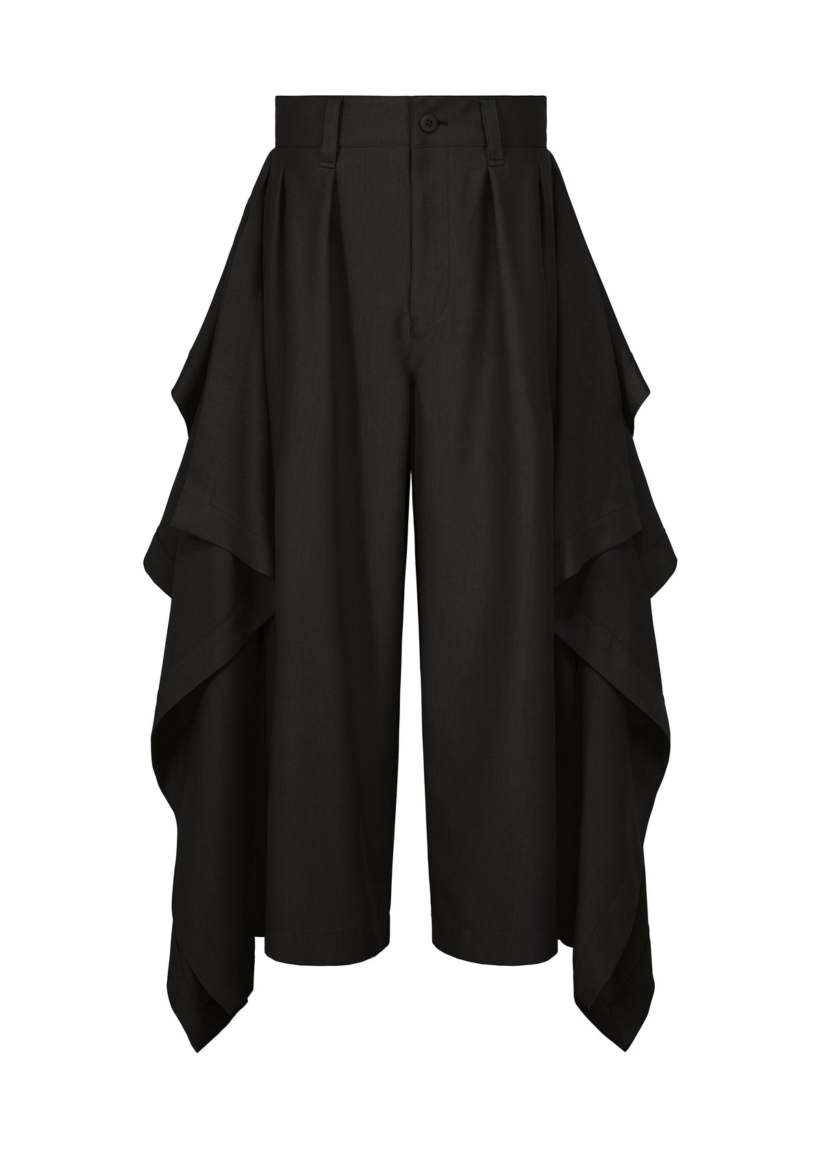 The BREEZE DRAPE pants from IM MEN feature a wide-leg silhouette with dramatic, layered fabric panels cascading from the sides for a distinctive and flowing look. These black pants offer a flat front with button and zipper closure, delivering a polished finish. view 1 of 7