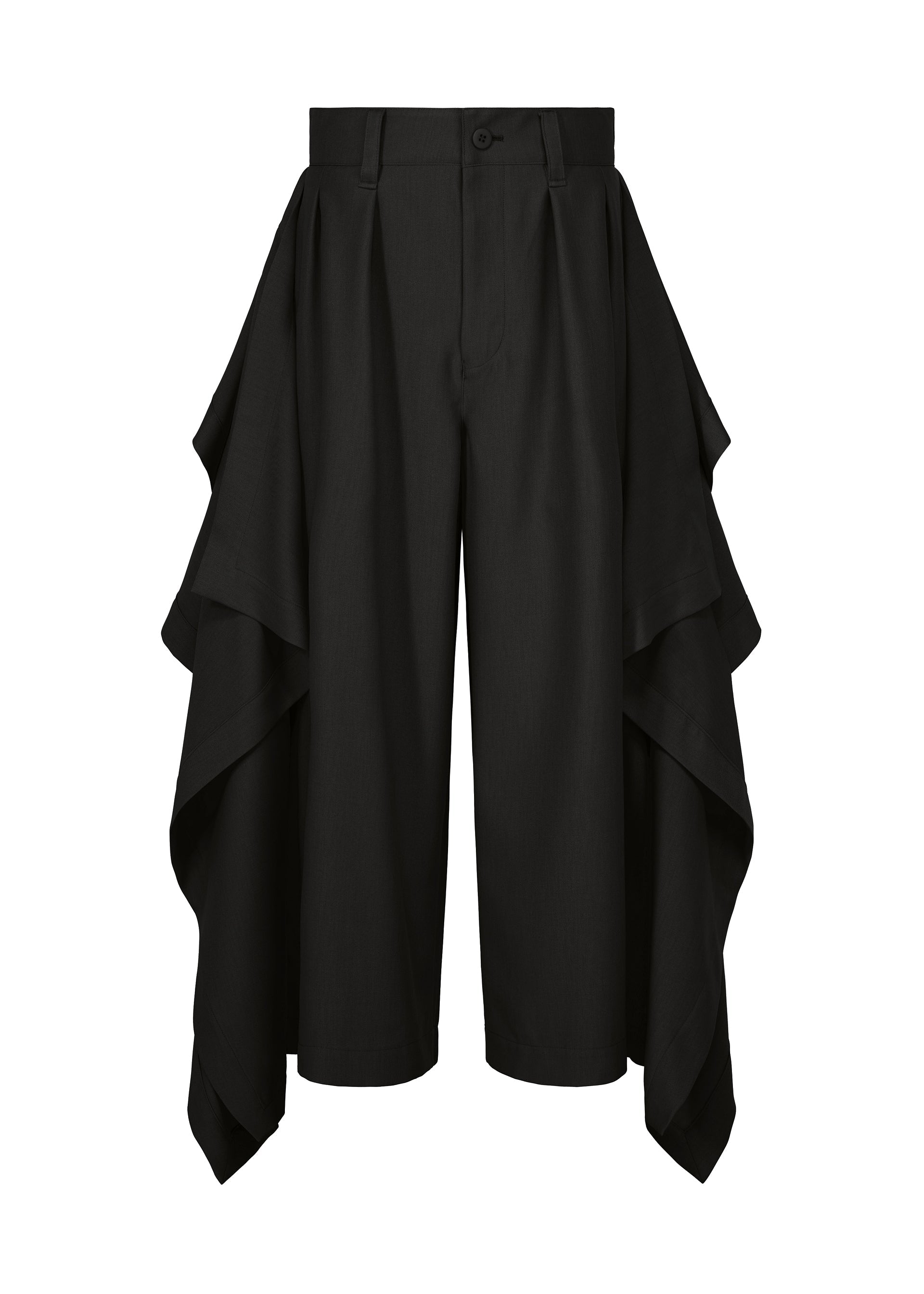 Zoomed view The BREEZE DRAPE pants from IM MEN feature a wide-leg silhouette with dramatic, layered fabric panels cascading from the sides for a distinctive and flowing look. These black pants offer a flat front with button and zipper closure, delivering a polished finish. - BLACK （no.15）