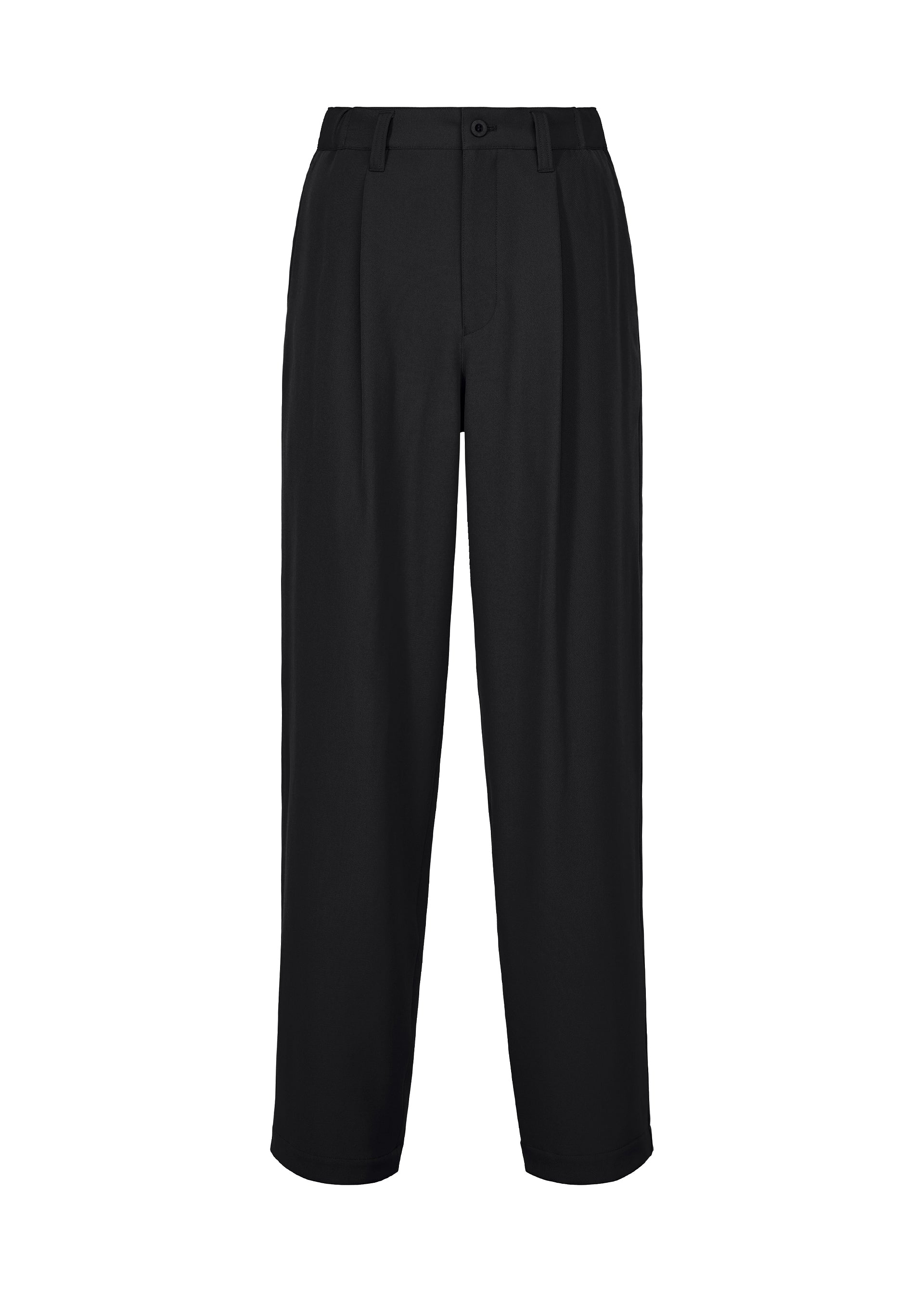 Zoomed view FRONT BACK men’s autumn winter pants by IM MEN feature a straight-leg fit in matte wool for a sophisticated finish. Designed with belt loops, side pockets, and a button closure at the waist, these black dress pants are displayed against a white background. - BLACK （no.15）