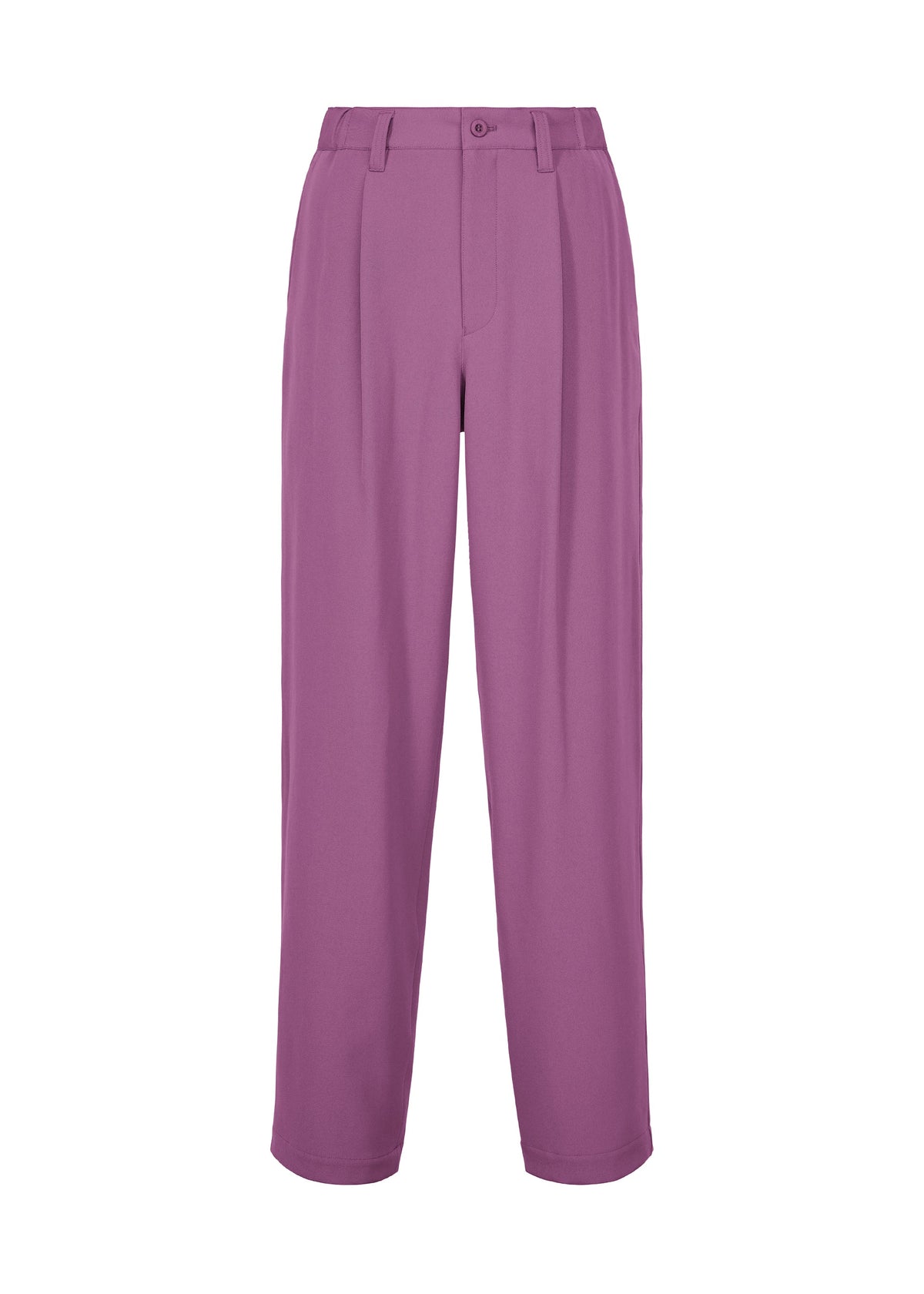 High-waisted, straight-leg purple matte wool trousers by IM MEN, from the FRONT BACK collection. Featuring belt loops, a button closure, and front pleats, these men’s autumn-winter pants are displayed on a white background. view 2 of 7