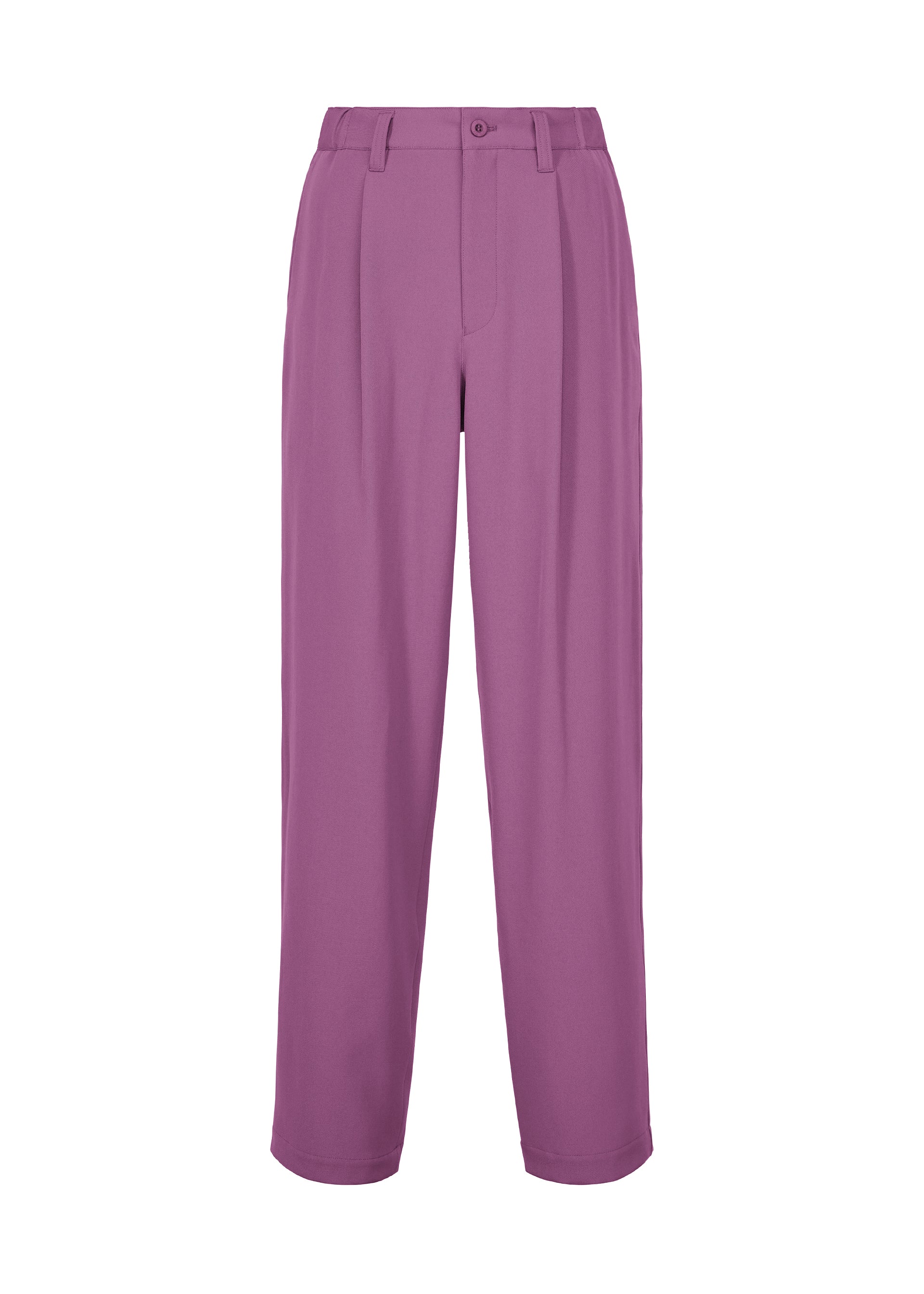 Zoomed view High-waisted, straight-leg purple matte wool trousers by IM MEN, from the FRONT BACK collection. Featuring belt loops, a button closure, and front pleats, these men’s autumn-winter pants are displayed on a white background. - PURPLE （no.81）