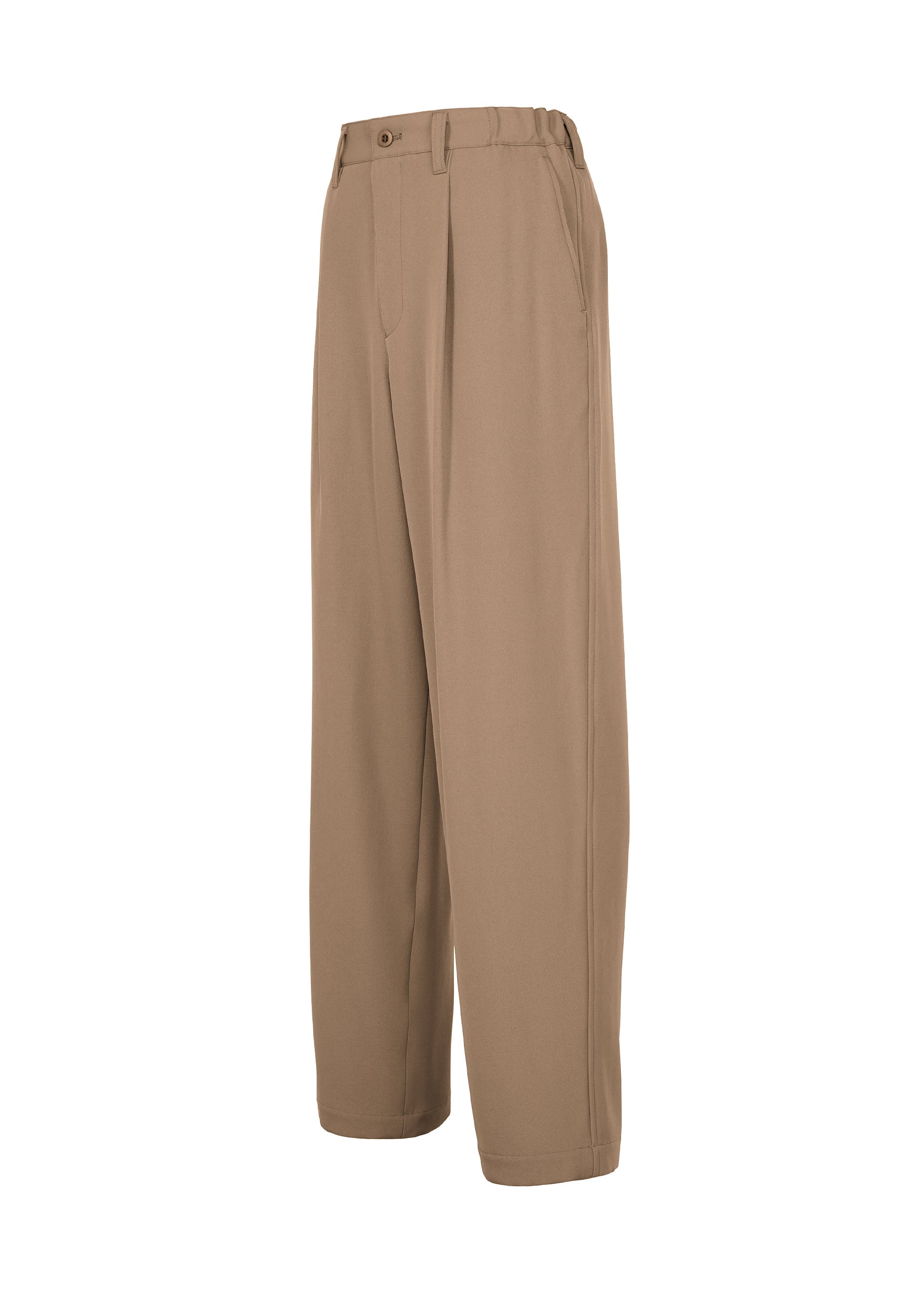 Zoomed view The IM MEN FRONT BACK trousers are tan, high-waisted, wide-leg matte wool pants featuring belt loops, side pockets, and a front button and zipper closure, shown against a plain white background.