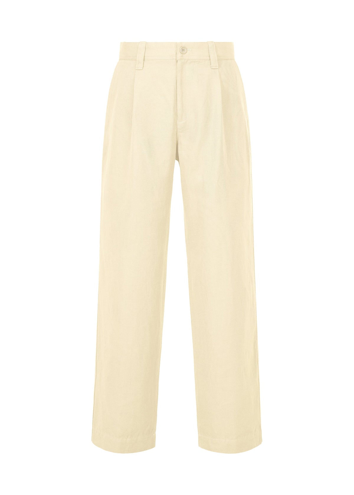 TOUGH WOOL COTTON high-waisted, wide-leg beige pants by IM MEN, featuring belt loops, front pleats, and a button closure—expertly crafted from premium Bishu wool textiles—displayed on a plain white background. view 1 of 9