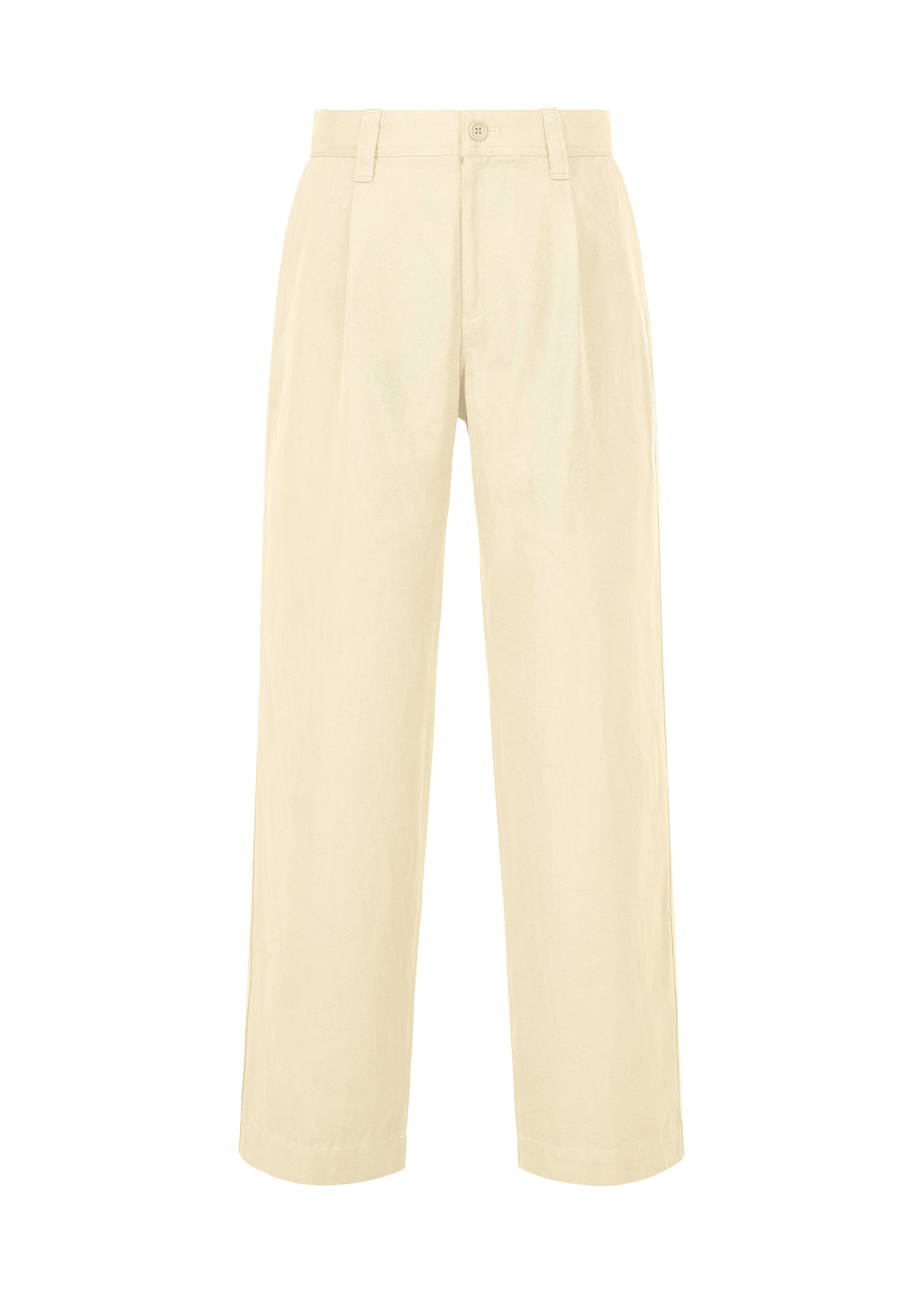 Zoomed view TOUGH WOOL COTTON high-waisted, wide-leg beige pants by IM MEN, featuring belt loops, front pleats, and a button closure—expertly crafted from premium Bishu wool textiles—displayed on a plain white background. - IVORY （no.03）