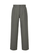 A pair of high-waisted, wide-leg gray pants by IM MEN, crafted from premium Bishu wool textiles and cotton (TOUGH WOOL COTTON), featuring belt loops, front pleats, and a button and zip closure, displayed on a white background. - CHARCOAL GRAY （no.13）
