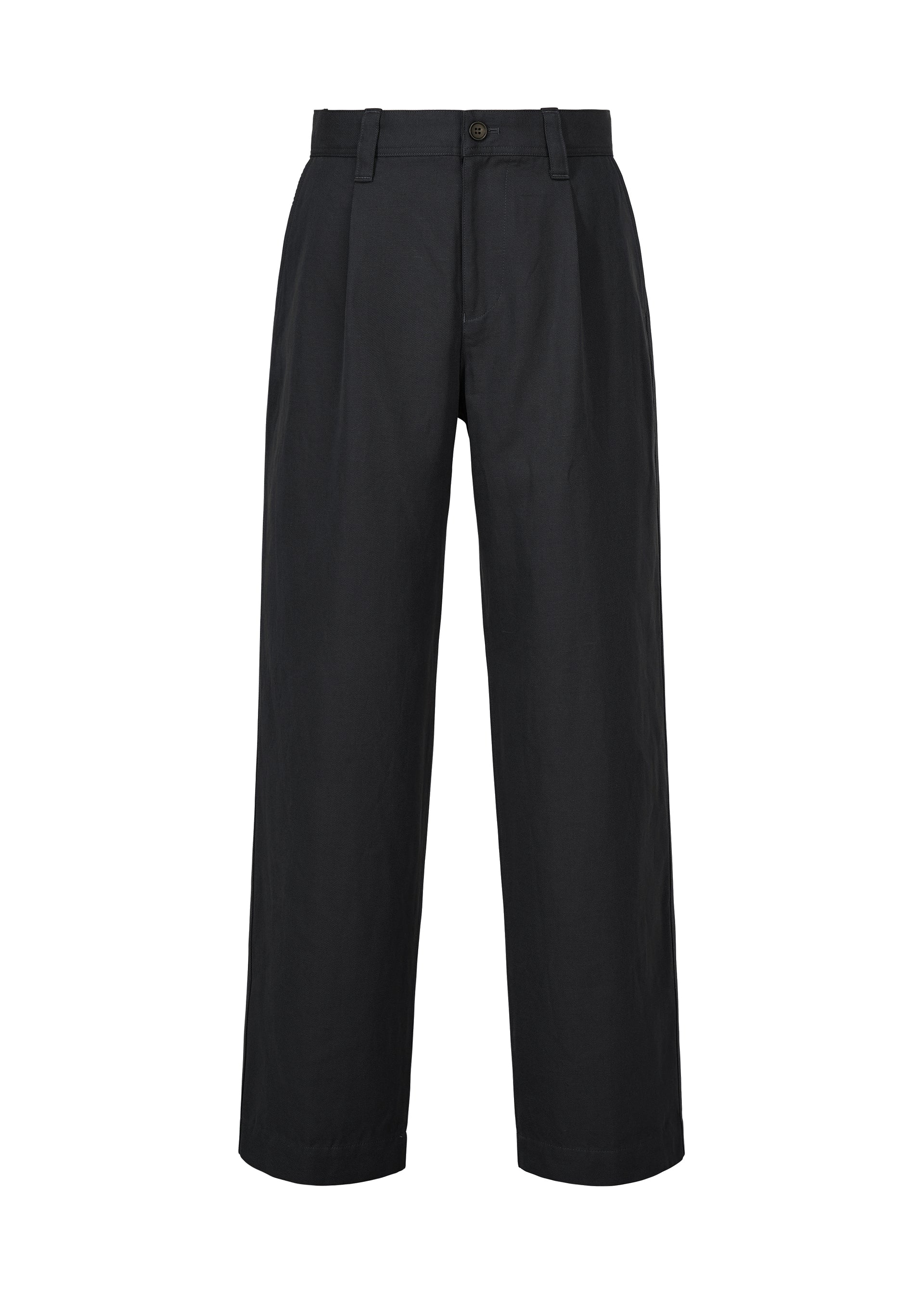 Zoomed view TOUGH WOOL COTTON wide-leg pants by IM MEN, featuring a high waist, front pleats, belt loops, and a button closure—crafted from premium Bishu wool textiles—displayed against a white background. - BLACK NAVY （no.74）