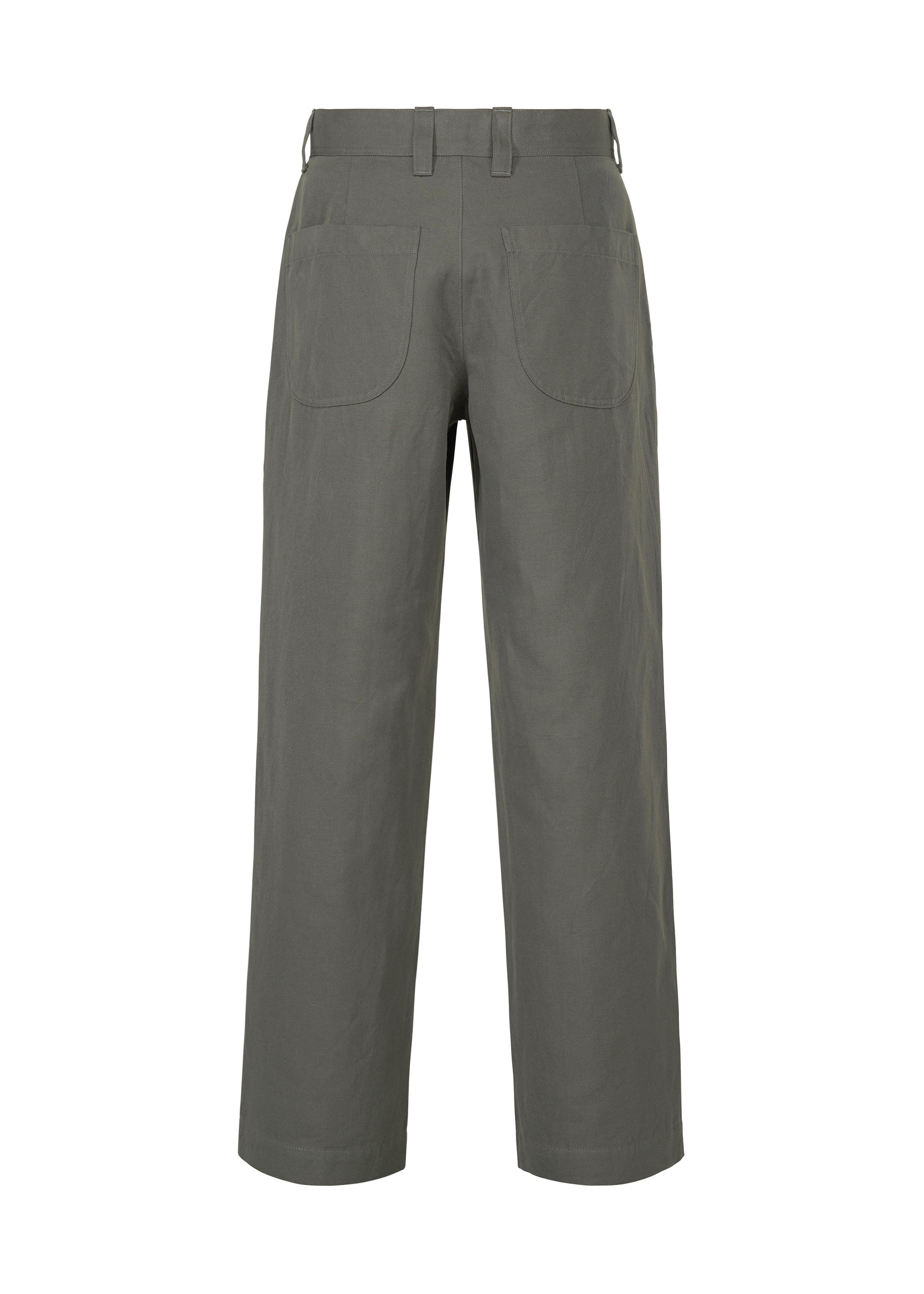 Zoomed view Back view of olive-green straight-leg TOUGH WOOL COTTON pants by IM MEN, featuring two rear patch pockets, belt loops, and a high waist. Expertly crafted from premium Bishu wool textiles for enduring comfort and style.