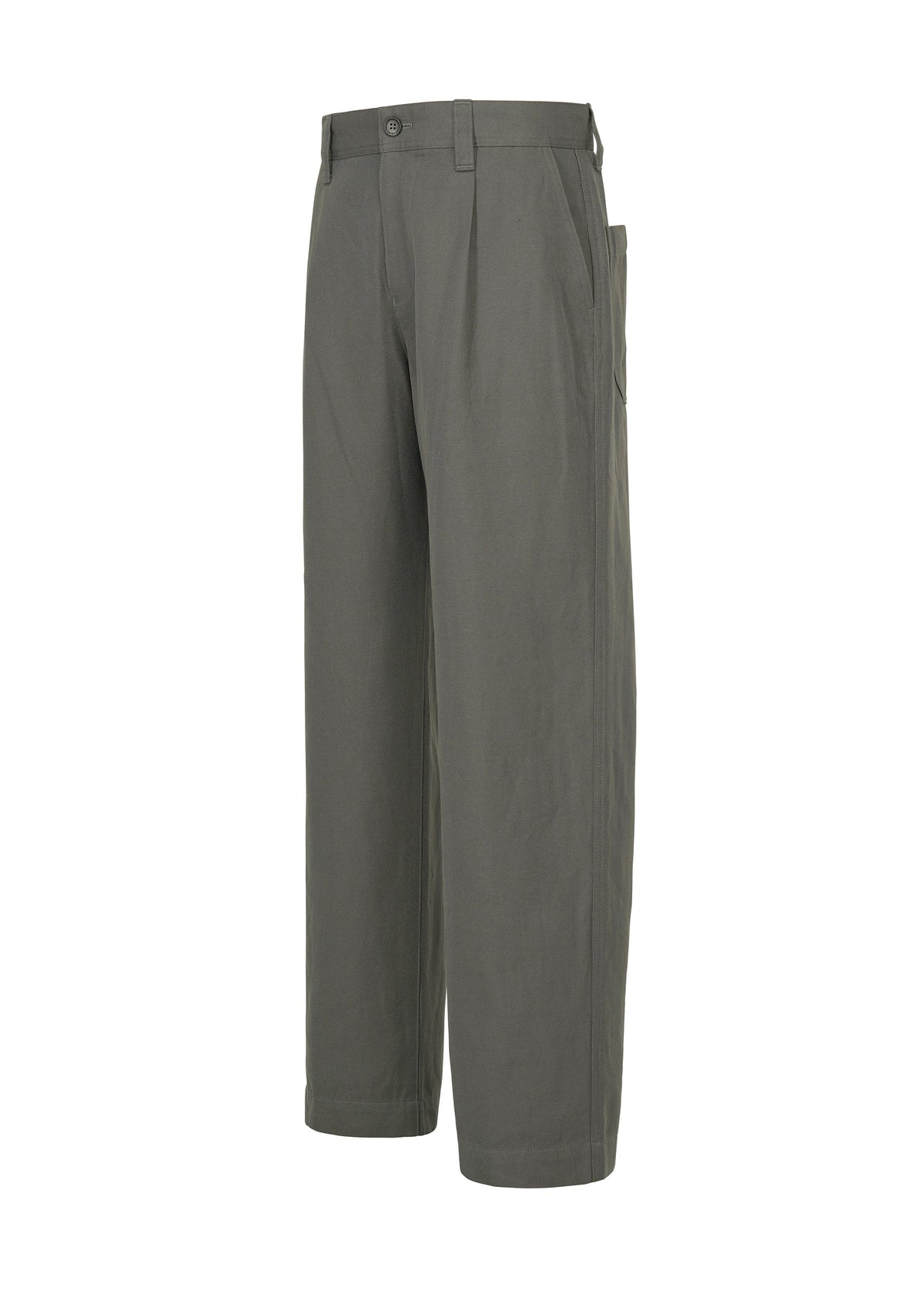 IM MEN’s TOUGH WOOL COTTON olive green straight-leg pants, featuring a button and zip closure, flat front, belt loops, and side pockets—expertly crafted from premium Bishu wool textiles and blended yarn—are displayed against a white background. view 5 of 9