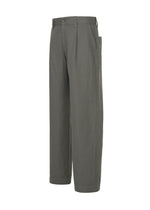 IM MEN’s TOUGH WOOL COTTON olive green straight-leg pants, featuring a button and zip closure, flat front, belt loops, and side pockets—expertly crafted from premium Bishu wool textiles and blended yarn—are displayed against a white background.