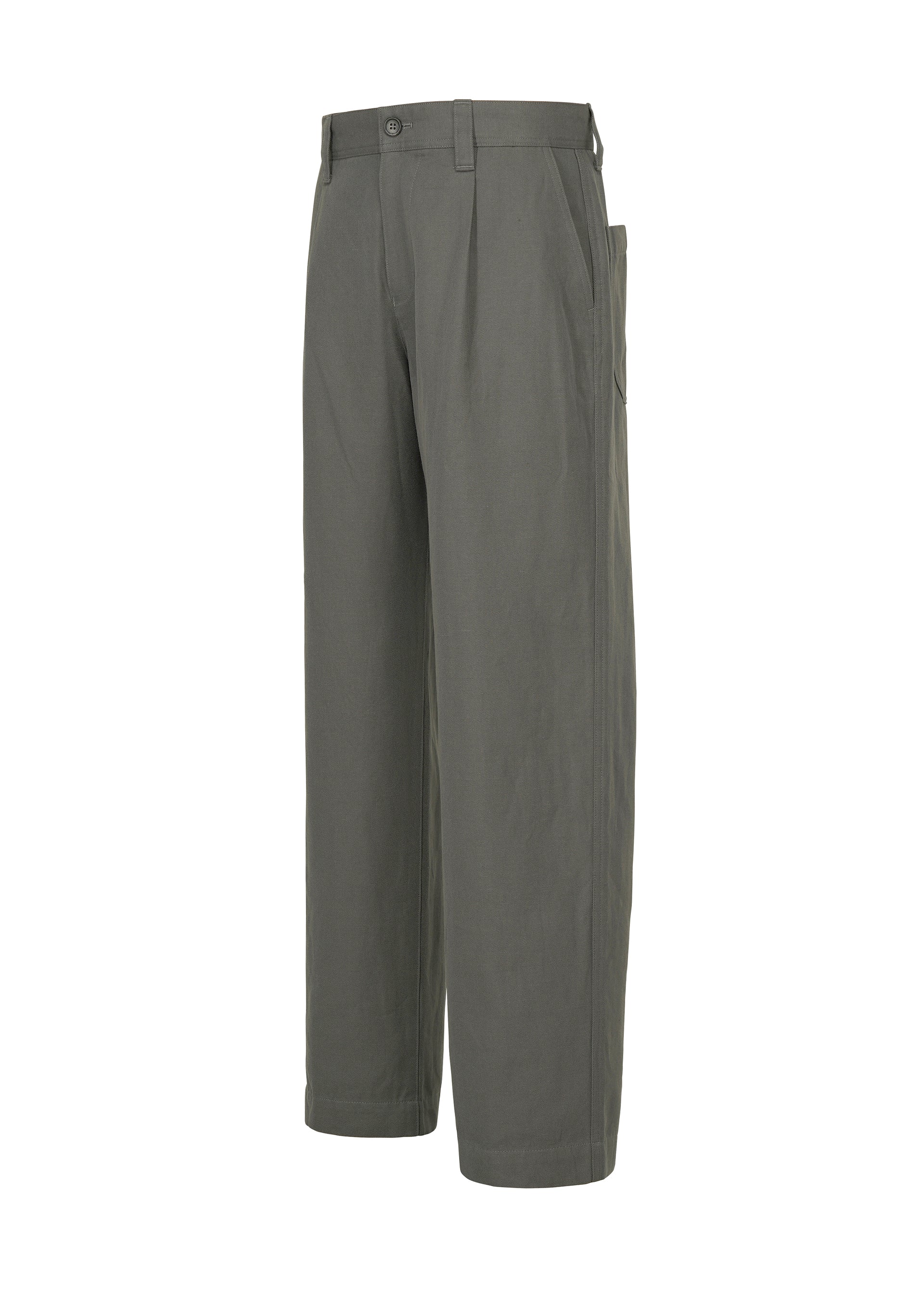 Zoomed view IM MEN’s TOUGH WOOL COTTON olive green straight-leg pants, featuring a button and zip closure, flat front, belt loops, and side pockets—expertly crafted from premium Bishu wool textiles and blended yarn—are displayed against a white background.