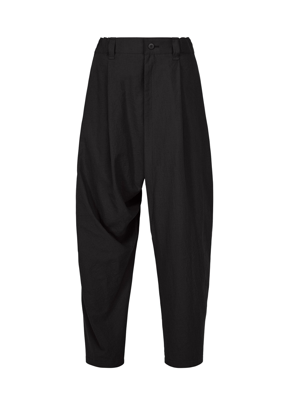 The COTTON YAK pants from IM MEN feature a black, loose-fitting cropped design crafted in cotton yak, highlighted by a dropped crotch, pleated front, belt loops, and a button closure for a relaxed silhouette. Presented against a plain white background, these pants are part of the IM MEN Autumn Winter 2026/27 Collection. view 2 of 9