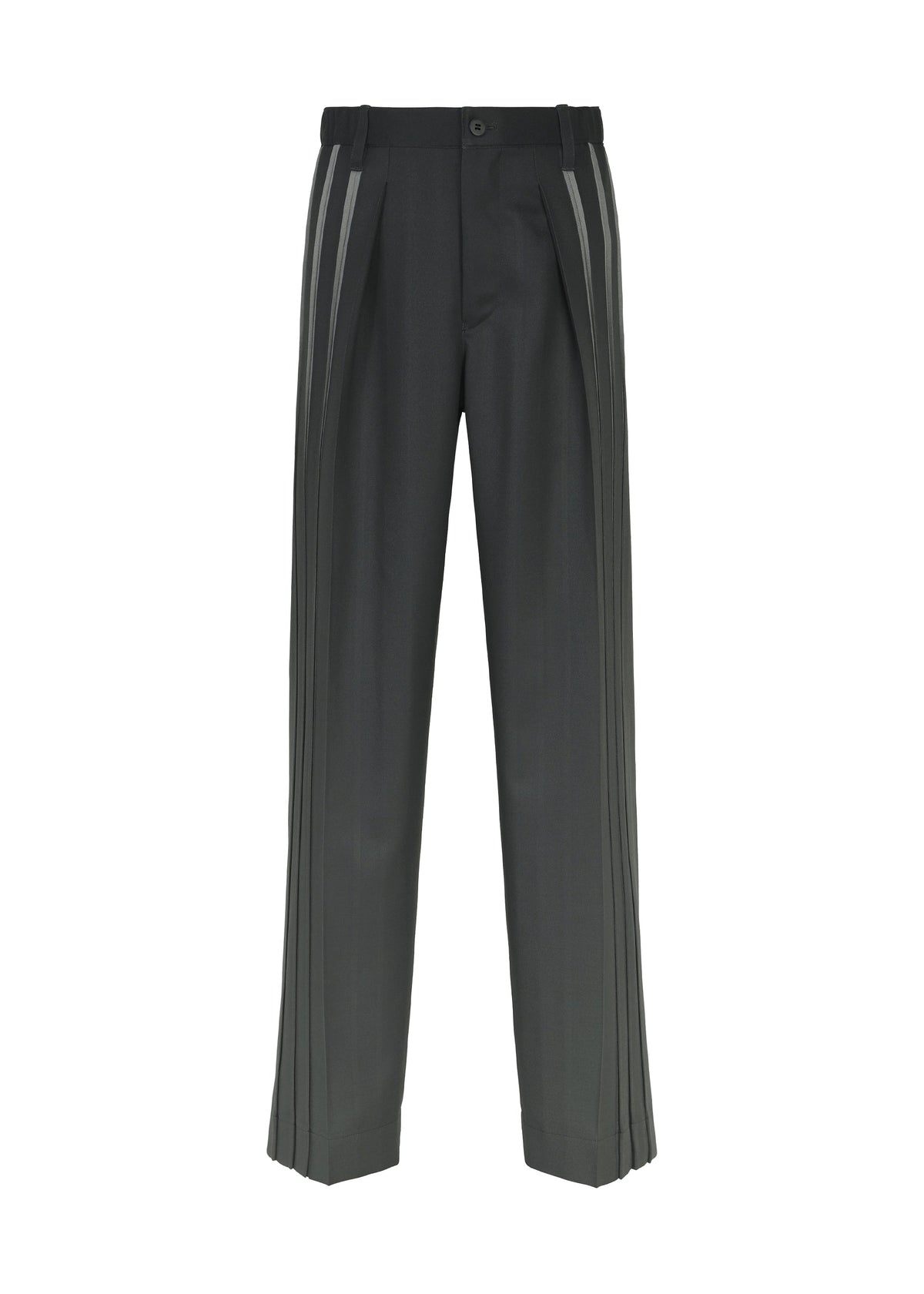 The DAWN RAY pants by IM MEN are black pleated trousers with a straight-leg fit, showcasing a pleated front and two vertical gray stripes along each side. They feature belt loops, a button closure, and offer a clean, modern design. view 1 of 7