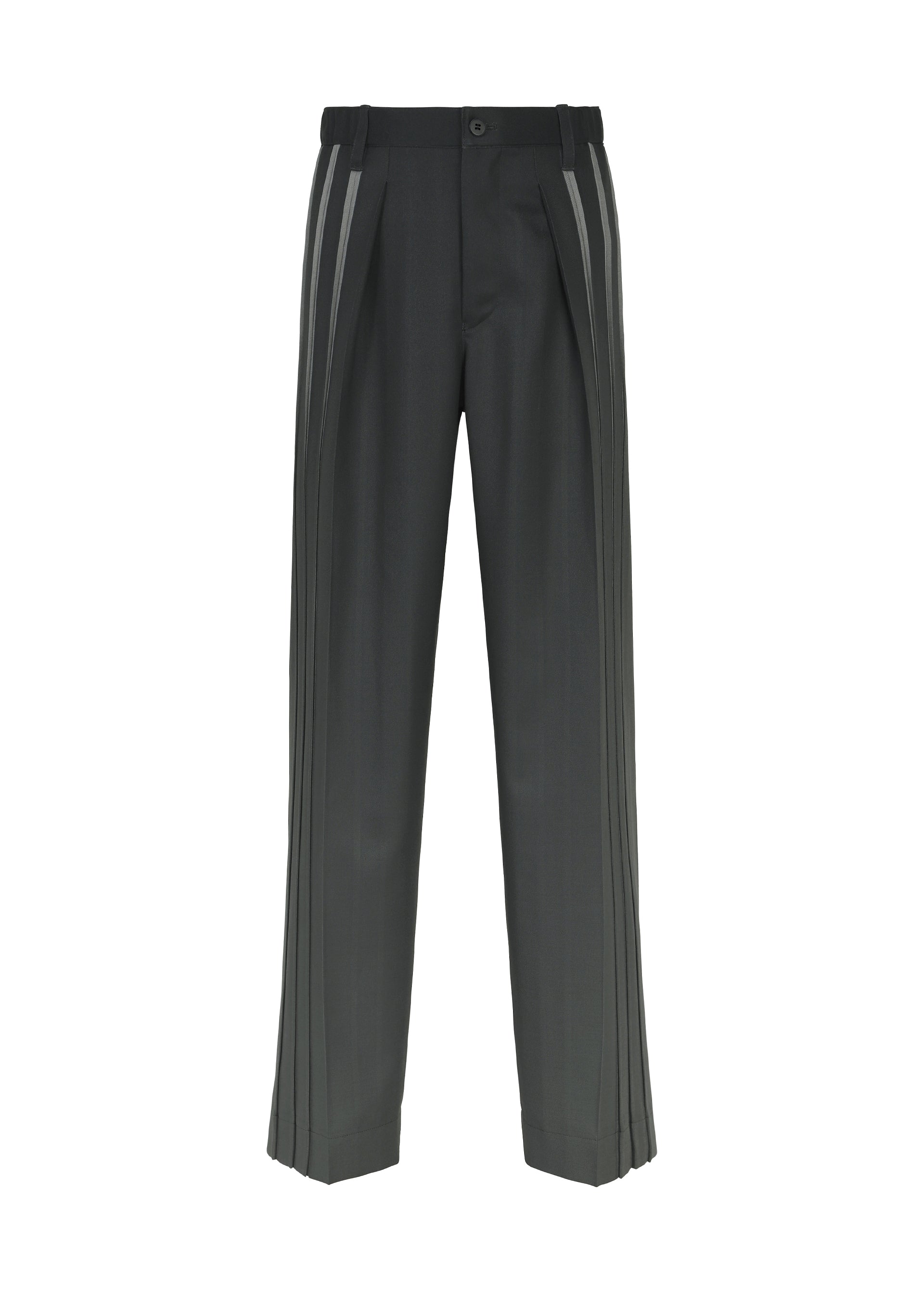 Zoomed view The DAWN RAY pants by IM MEN are black pleated trousers with a straight-leg fit, showcasing a pleated front and two vertical gray stripes along each side. They feature belt loops, a button closure, and offer a clean, modern design. - BLACK （no.15）