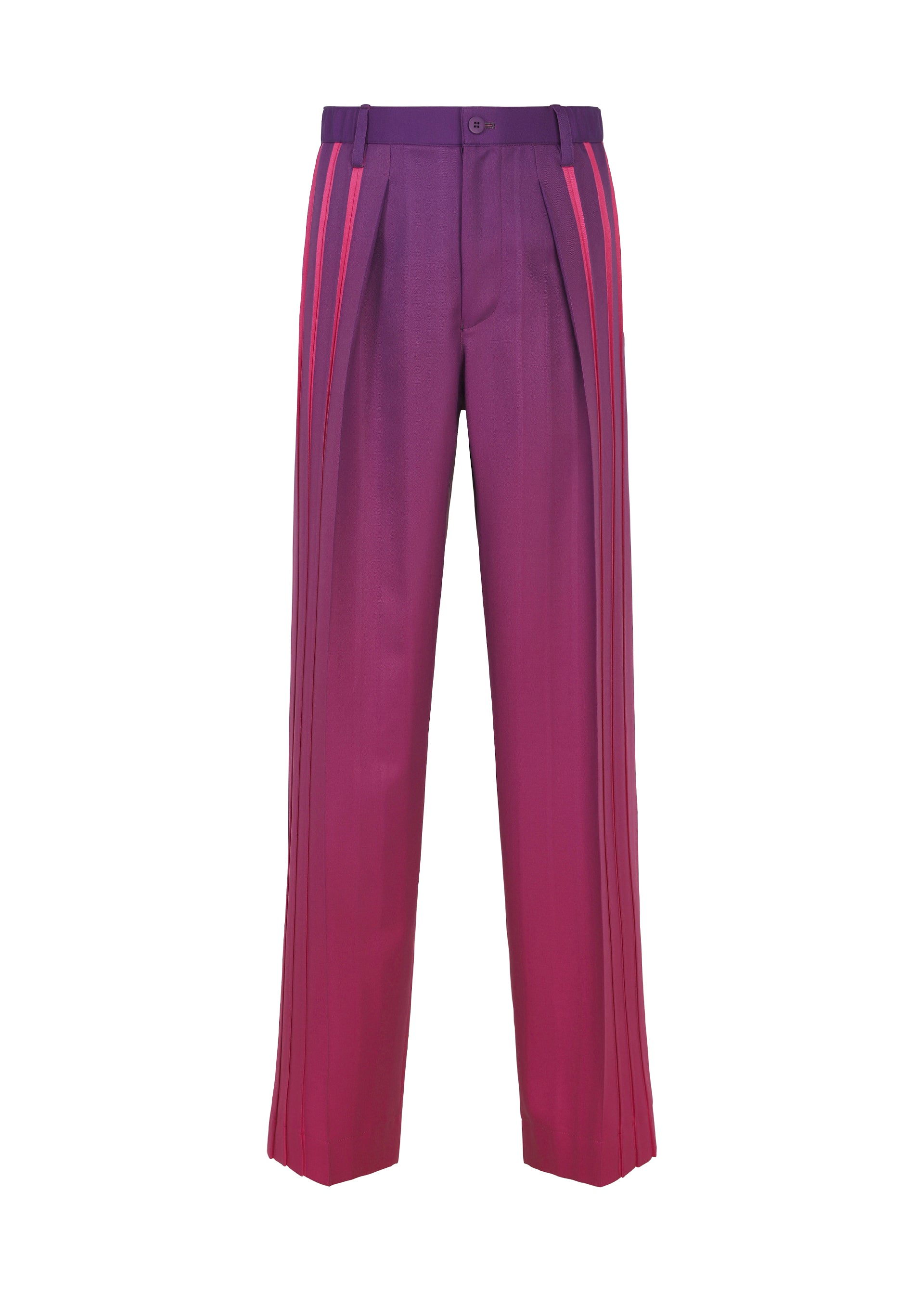 Zoomed view Introducing the DAWN RAY pants by IM MEN: High-waisted, wide-leg pleated trousers showcasing a striking gradation pattern from purple to magenta, accented with bold red vertical stripes along each leg. Seen here from the front, transfer-printed and set against a white background. - PURPLE （no.81）